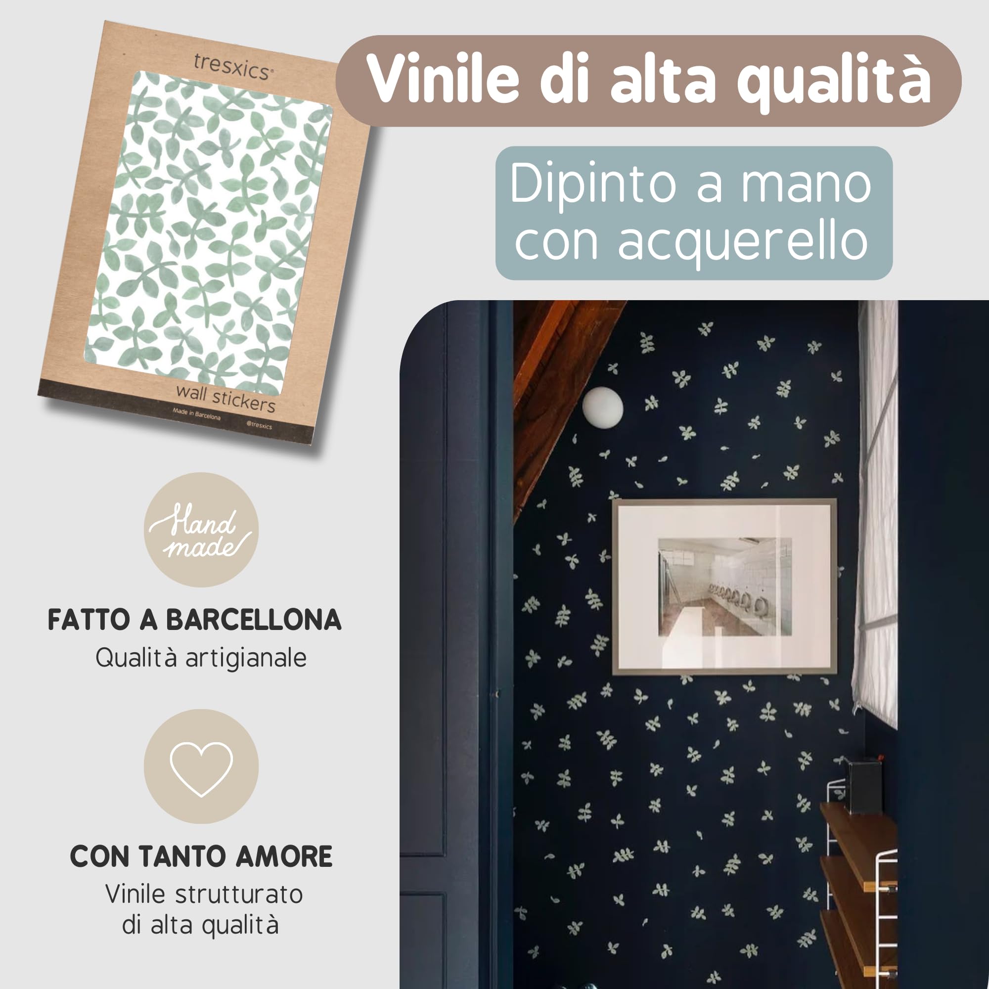 Adesivi Murali Bambini | Adesivi Cameretta Bambino Bimba Foglie Acquerello | Effetto Carta da Parati Adesiva | Copre 6 m² | 160 pezzi | TRESXICS (Verde)