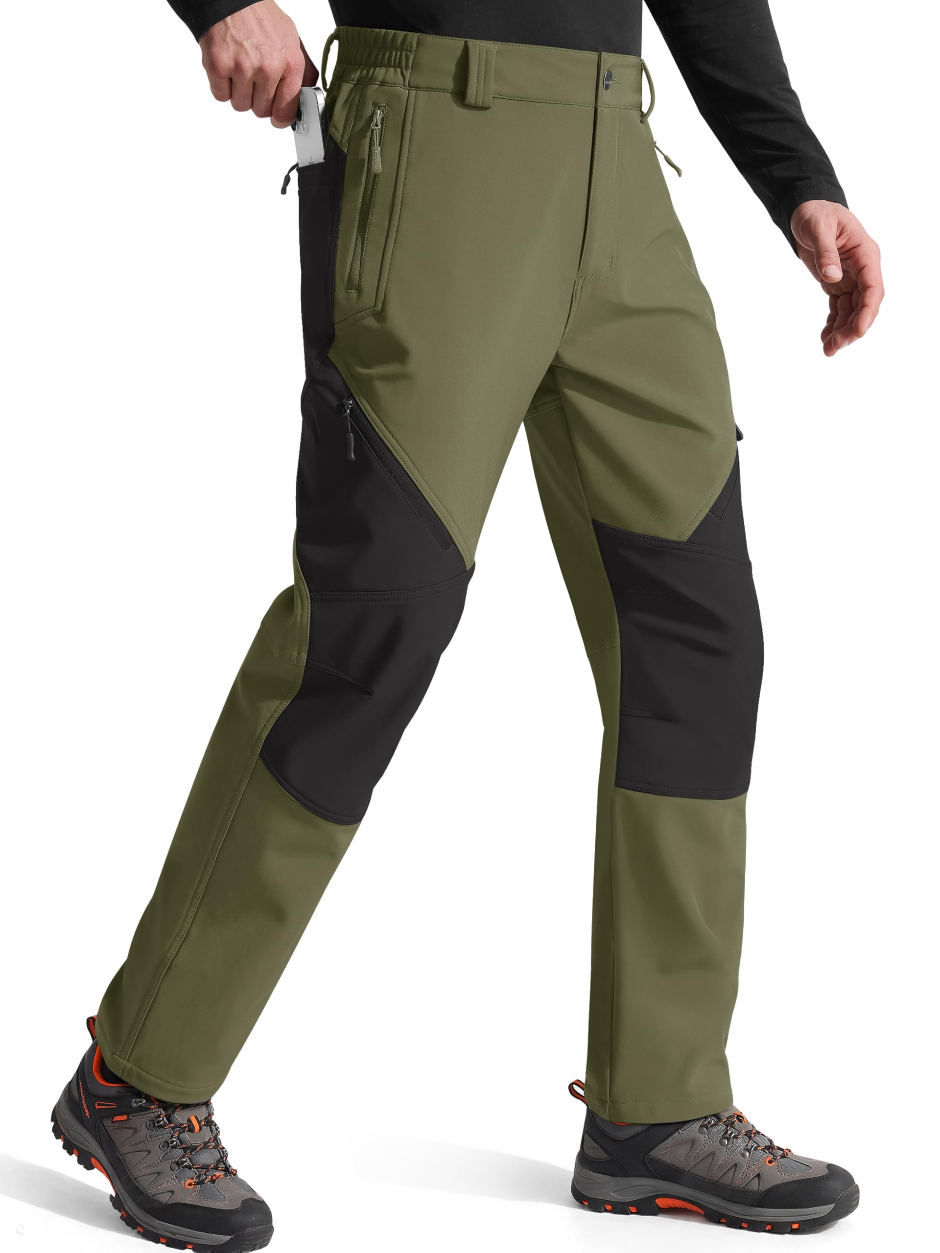FREE SOLDIER Men's Fleece Lined Outdoor Cargo Hiking Pants Water Repellent Softshell Snow Ski Pants with Zipper Pockets — view 18