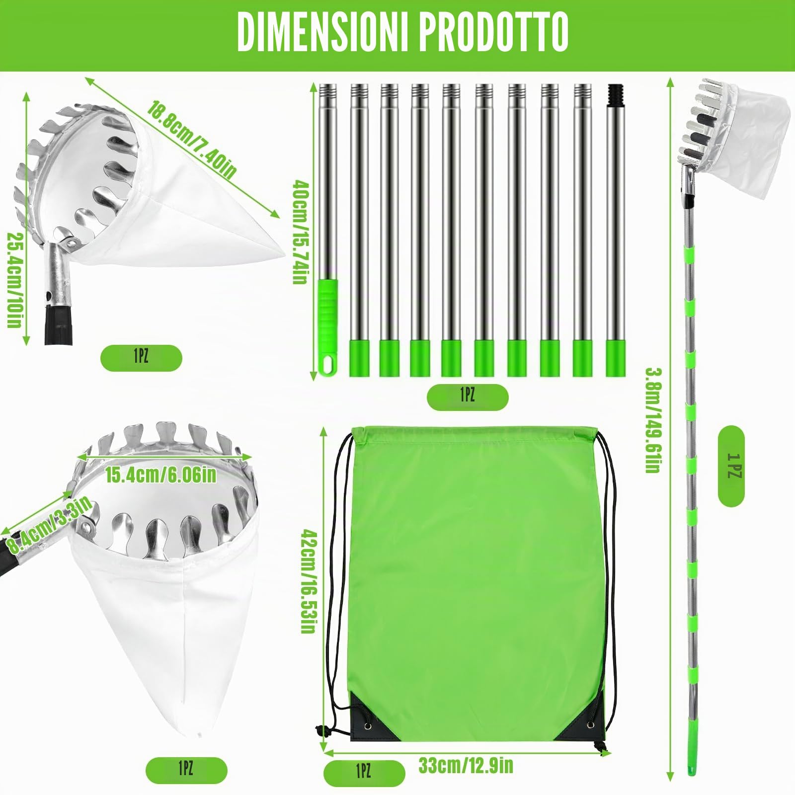 Raccogli Frutta Telescopico, Raccogli Frutta Con Palo in Acciaio Inox Leggero, Raccoglifrutta Regolabile Con Borsa in Cotone, Per Limoni Mele Pere Arance