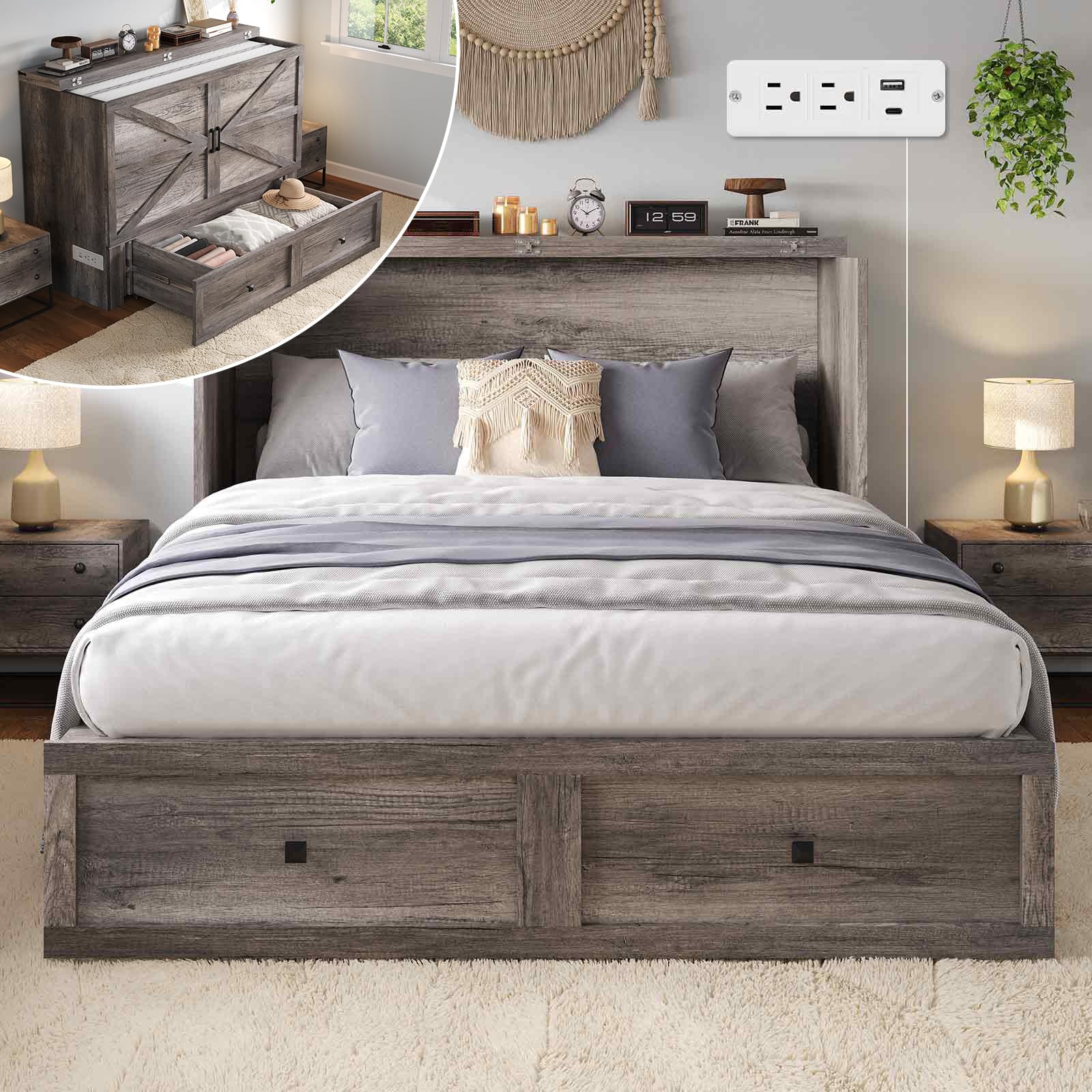 full size murphy bed cabinet bed with charging station large storage drawer for home office or small room hideaway full foldable platform bed rustic grey