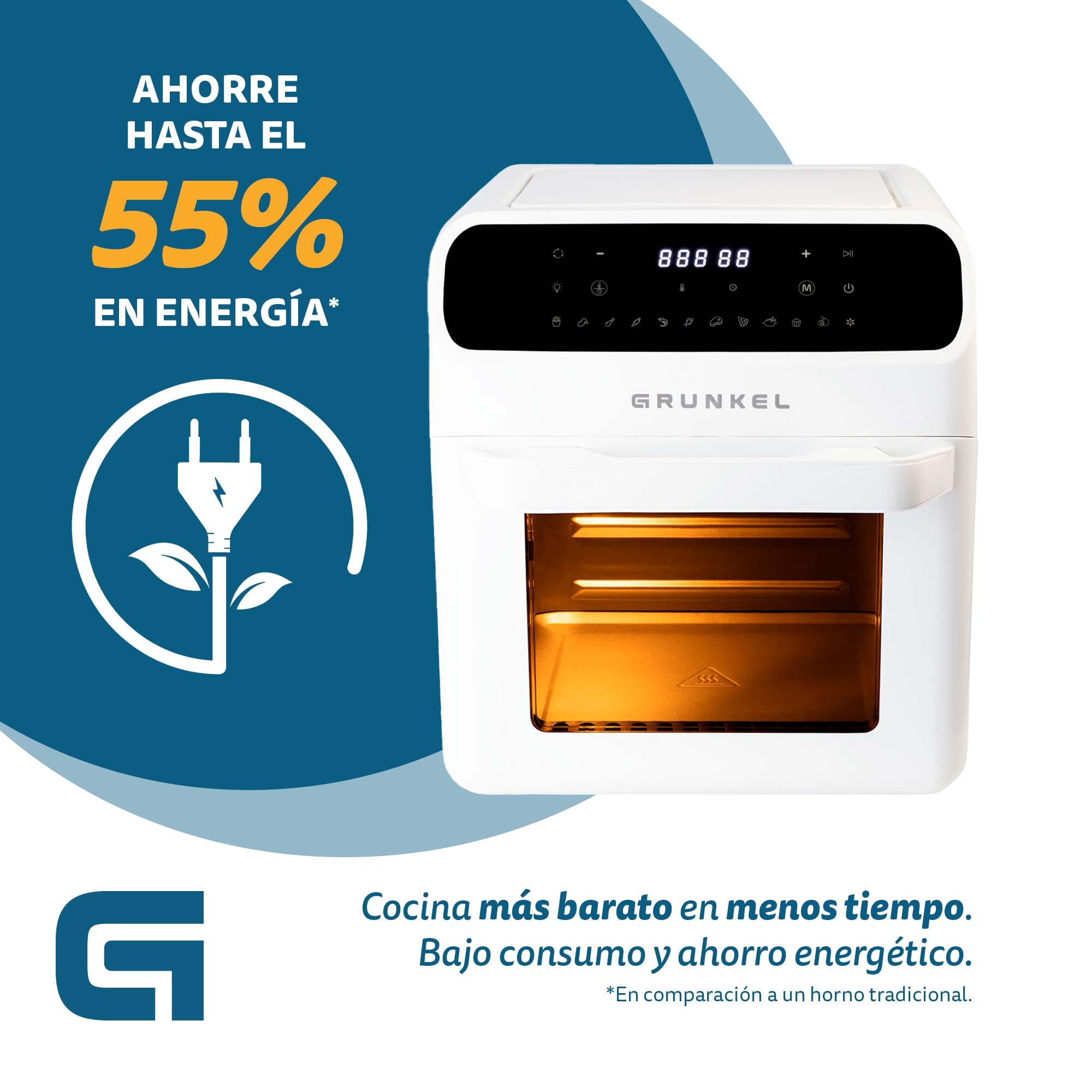 Grunkel Friteuse à air 12 l et 1500 W - Air Fryer White Fryer OVEN - 12 programmes. Panneau de contrôle numérique couleur multifonction et fenêtre avec affichage rétroéclairé. Minuterie 60 minutes