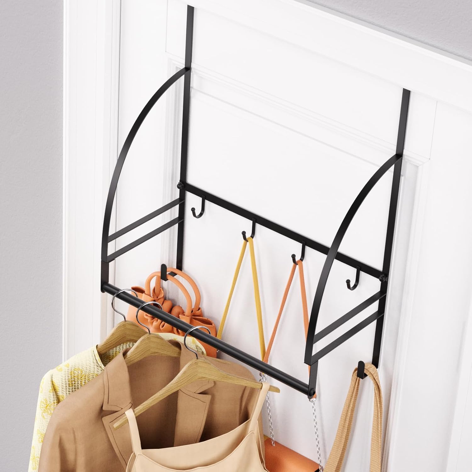 Over The Door Clothes Hanger Drying Rack, Over Door Drying Rack Hooks for Hanging Towels, Coats & Clothes, Door Hanger Organizer Storage for Bathroom Bedroom Laundry Dorms Washroom (Black)