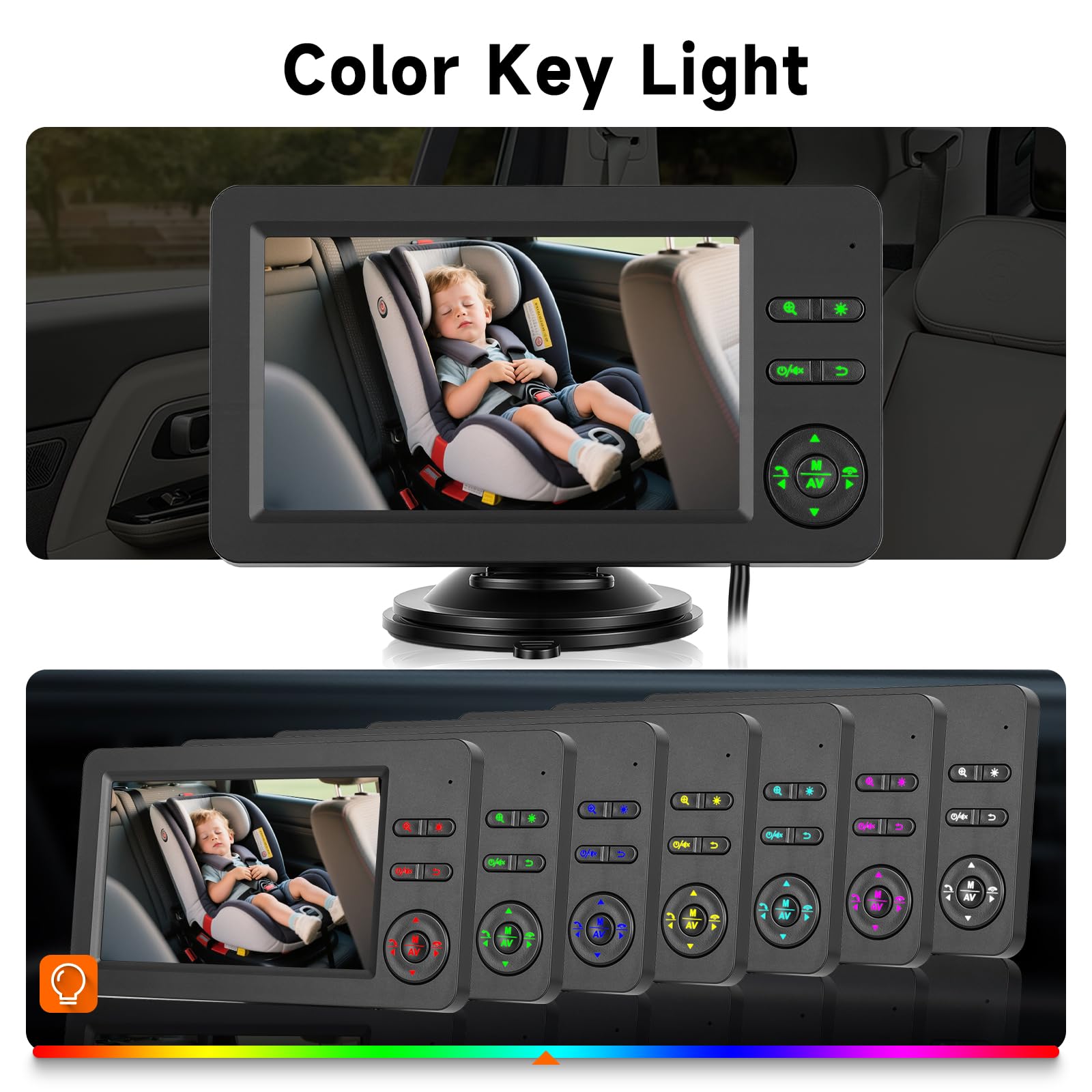 VECHTEL Monitor Bebé para Coche Asiento Trasero, Pantalla 4,3'' HD 720P, Cámara Gran Angular 360°, Visión Nocturna, Bluetooth, Teclas Retroiluminadas, Instalación Rápida para Viajes Familiares