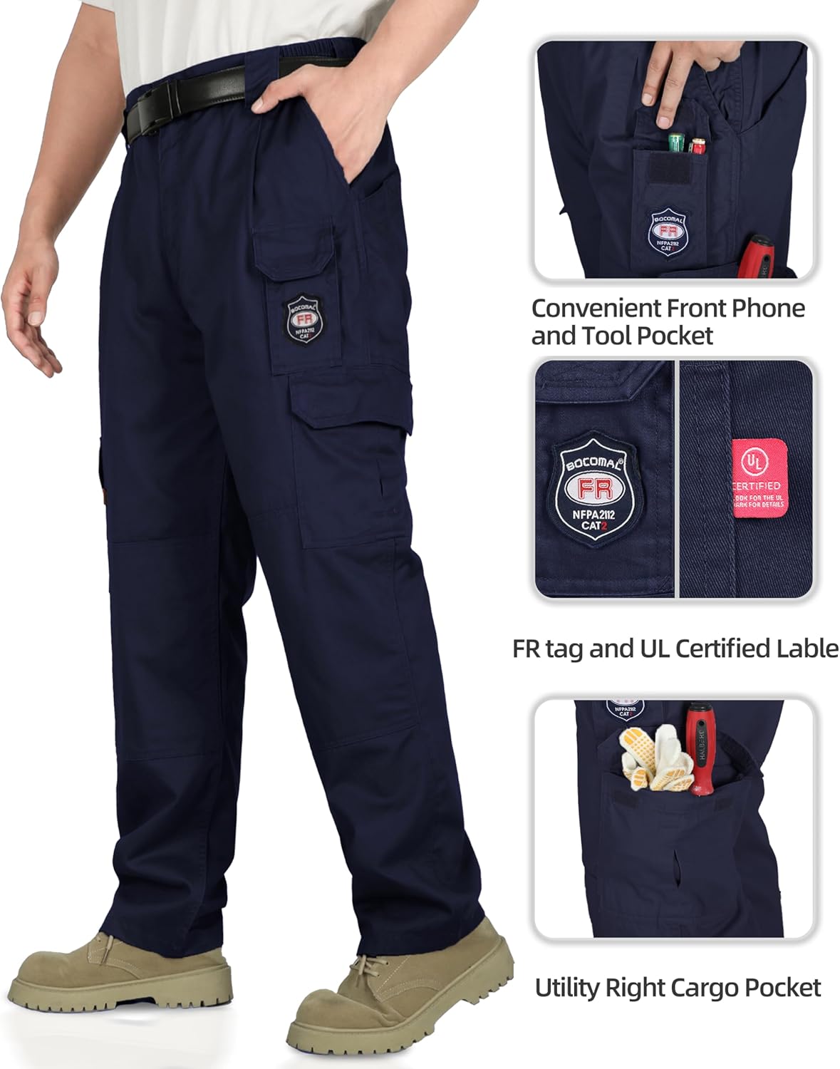 BOCOMAL Men's FR Cargo Pants Flame Resistant Pants Midweight 7.5oz (7 Pockets) Multi-Pockets FR Pants - Image 4