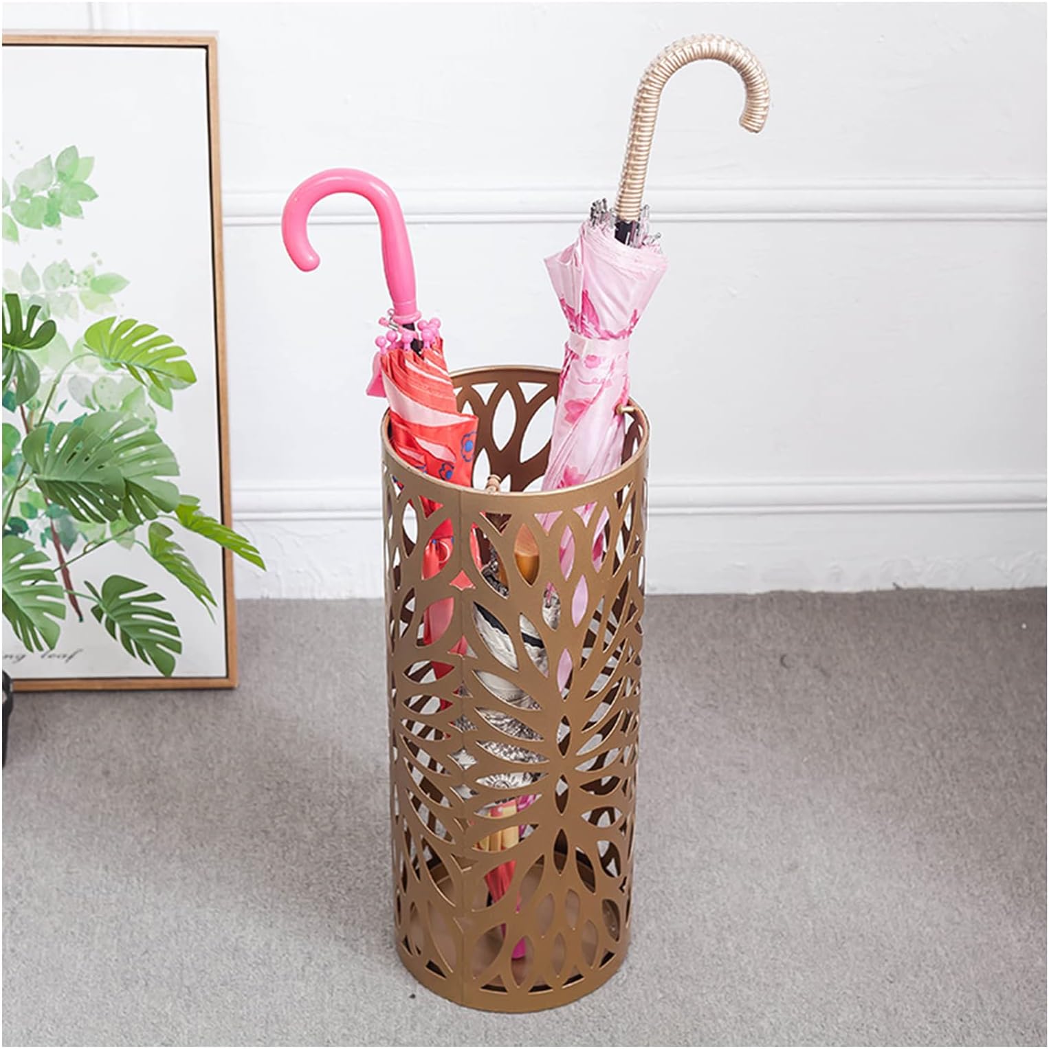 Umbrella Holder Metal Umbrella Stand, Indoor/Outdoor Modern Umbrella Bucket with Hooks and Drip Tray, Hollowed Out Decorative, Canes and Umbrella Rack for Home, Office and Entryway (Color:Gold)
