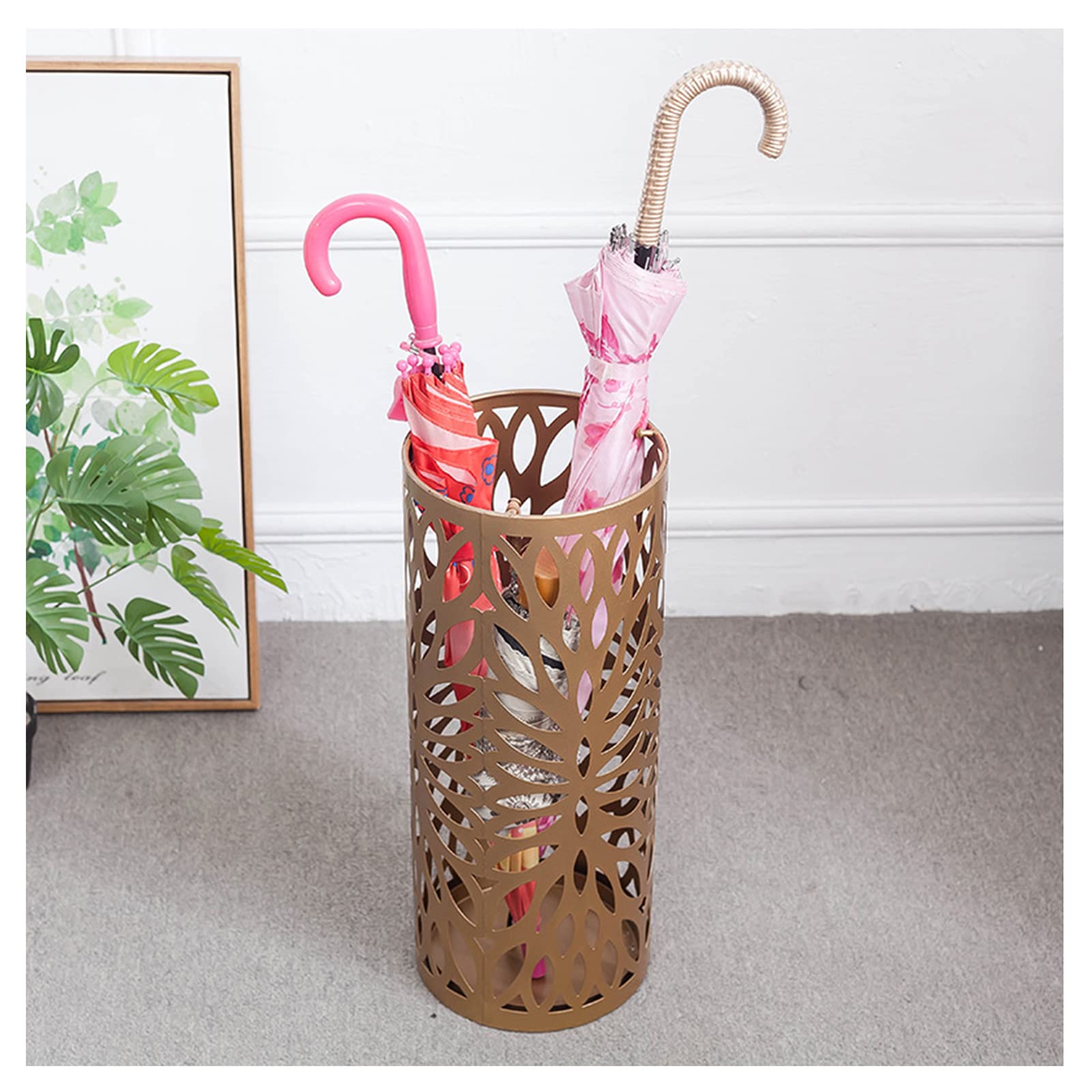 Umbrella Holder Metal Umbrella Stand, Indoor/Outdoor Modern Umbrella Bucket with Hooks and Drip Tray, Hollowed Out Decorative, Canes and Umbrella Rack for Home, Office and Entryway (Color:Gold)