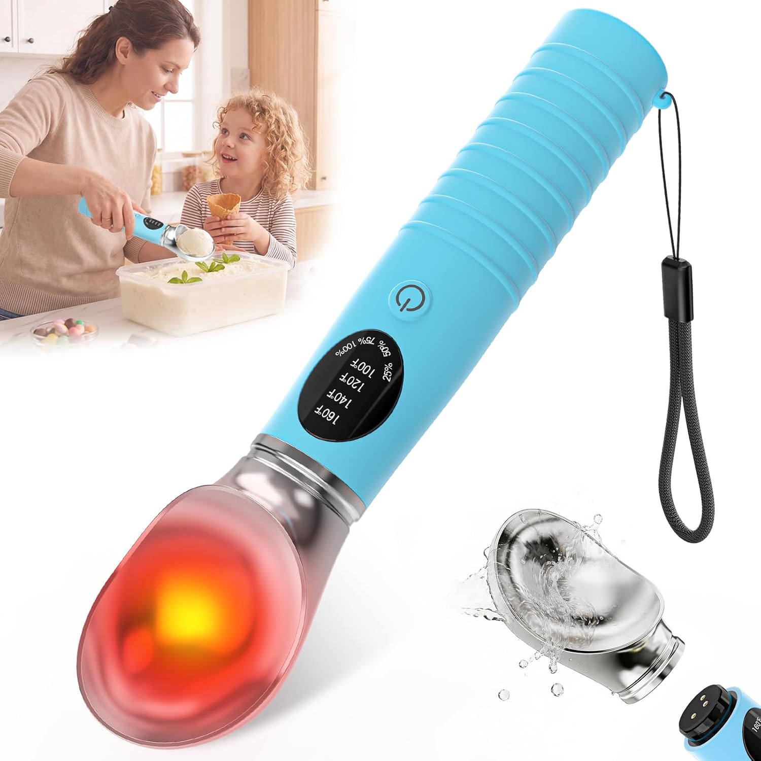Jripae Upgrade Heated Ice Cream Scoop Rechargeable with Removable Head for Dishwasher Safe Clean –30S Fast Warming Electric Scoop with 4 Heating Levels, LED Display, No More Waiting for Hard Ice Cream