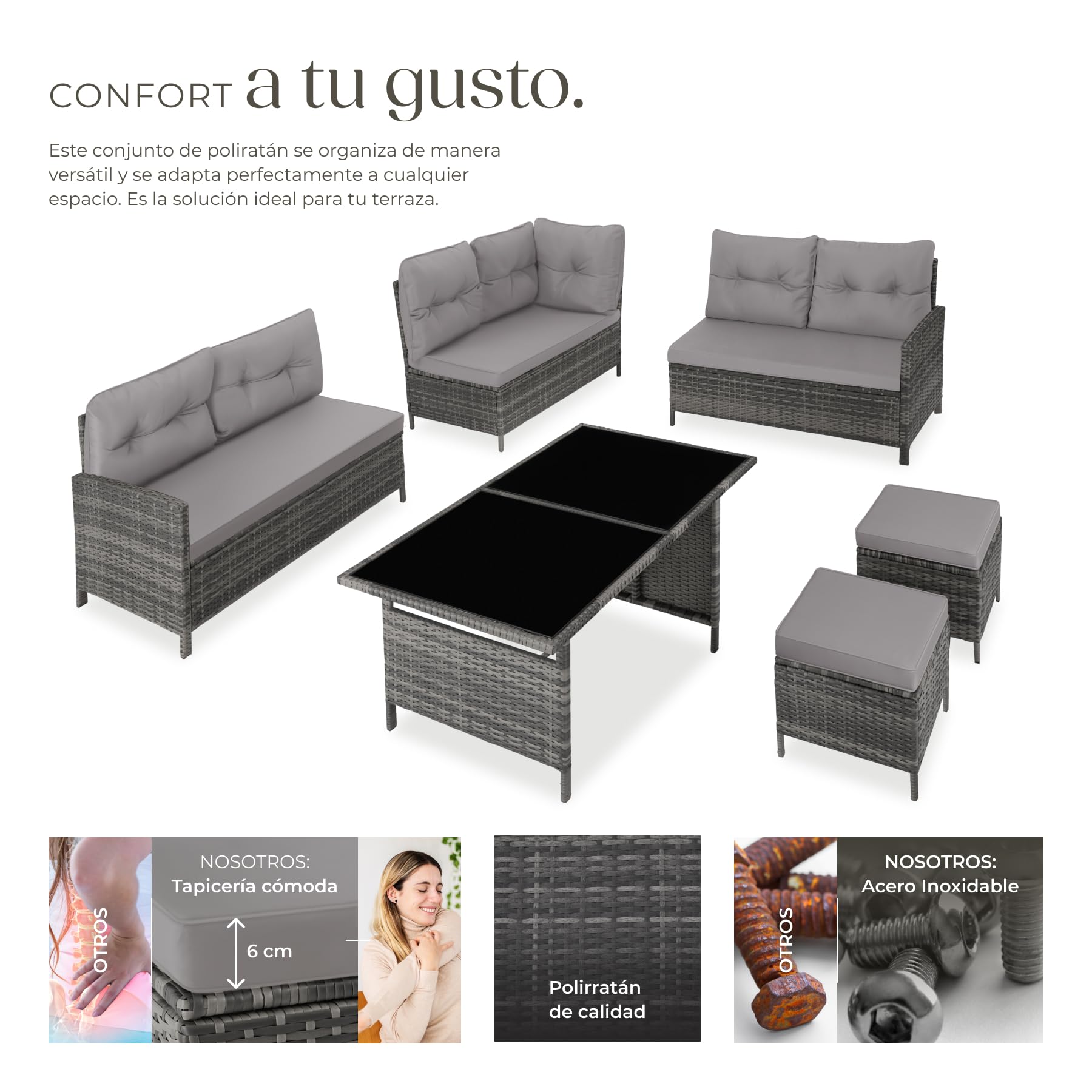 tectake® Conjunto Jardín de Ratán Mesa y Cojines, Conjunto Terraza Resistente a la Intemperie, Muebles Jardín Exterior 5 Piezas, Sofá de Esquina, 2 Taburetes y 1 Mesa - Gris/Beige