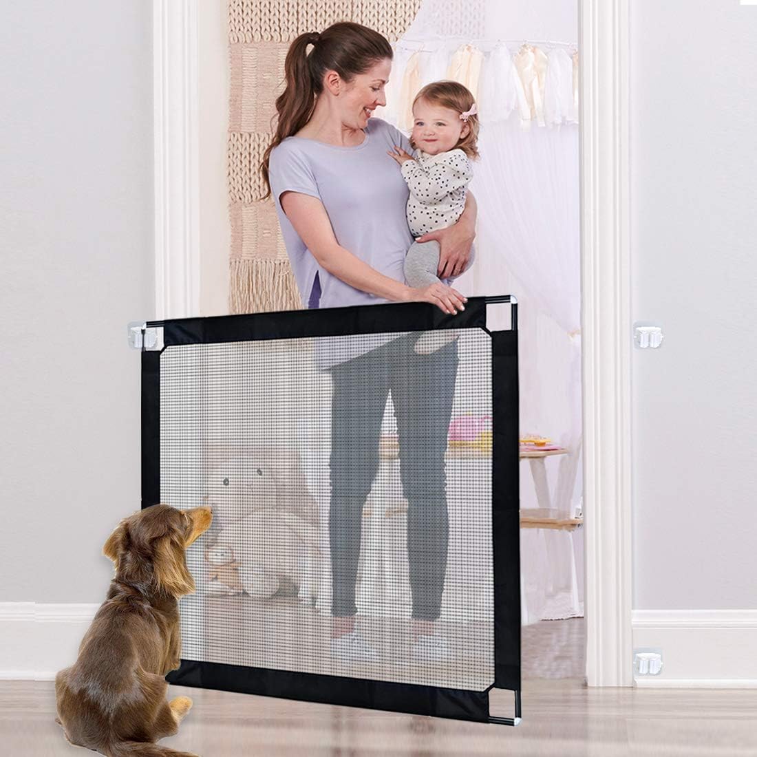 Upicks Dog Gate, All Metal Poles Frame Magic Gate for Dogs, Lockable