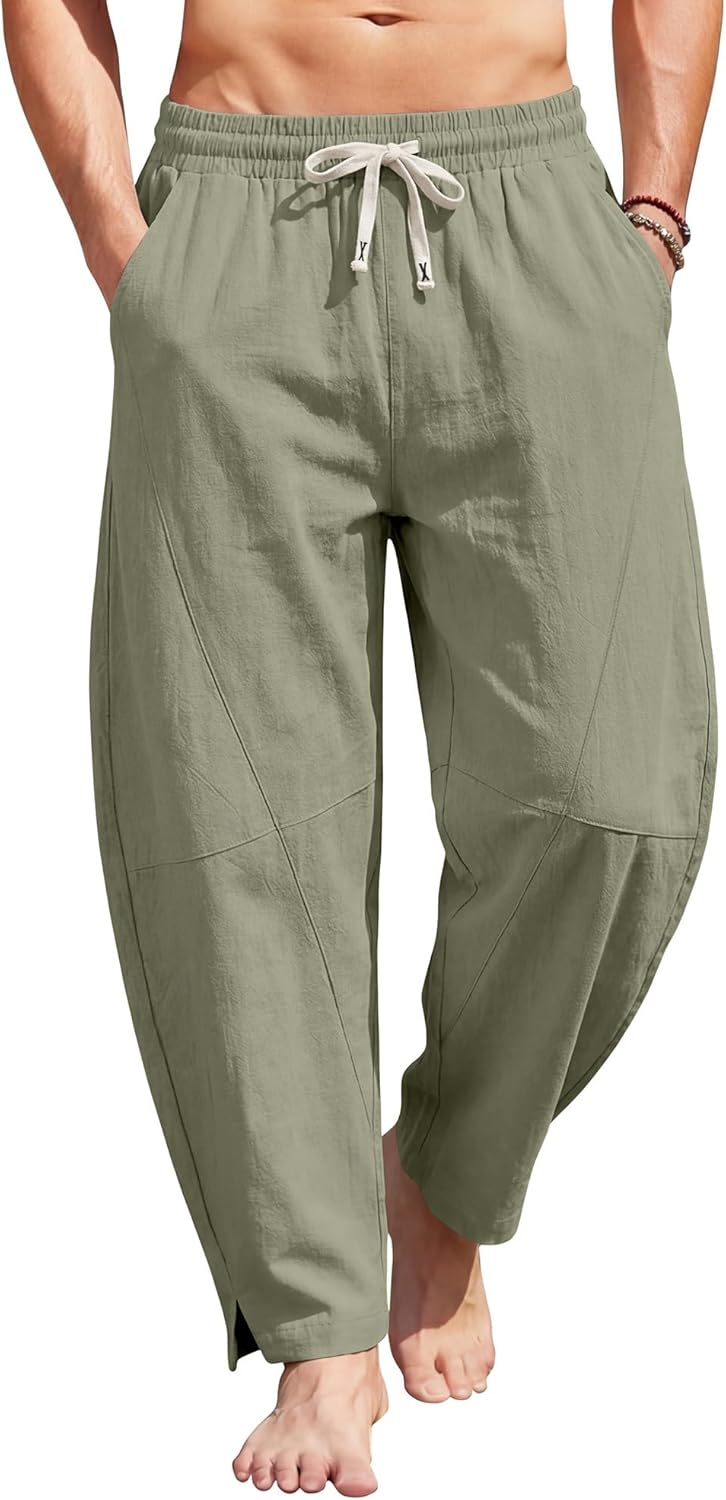 Mens Linen Pants Casual Harem Pants Lightweight Summer Beach Pants Drawstring Vacation Yoga Trousers with Pockets