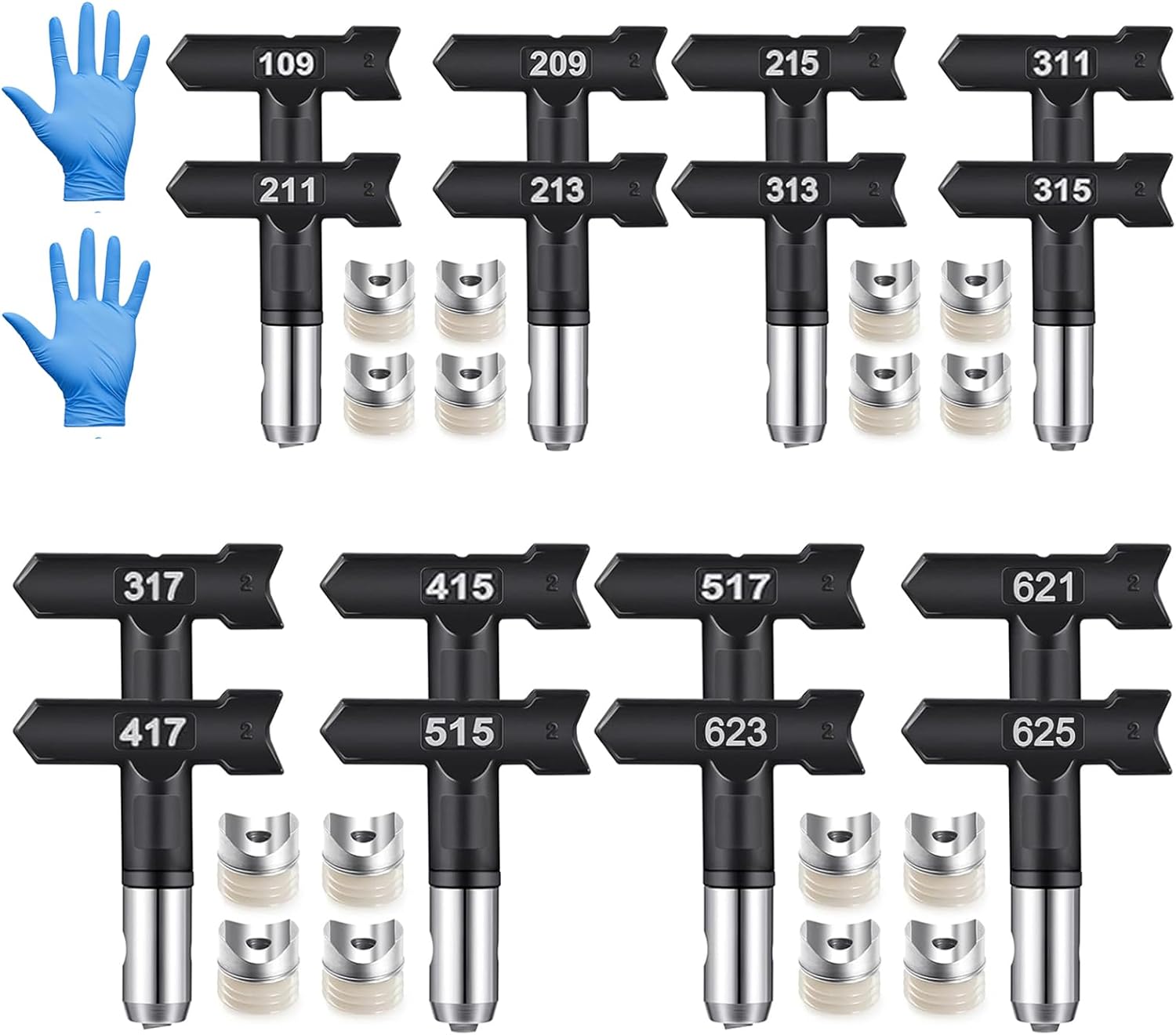 16-Pack Airless Paint Sprayer Tips Set with 1-Pair Gloves, Reversible Nozzle Tips & Seals for Painting Homes, Fences, Furniture - Fits Most Airless Paint Sprayers (Spray Range 2-14 Inches)