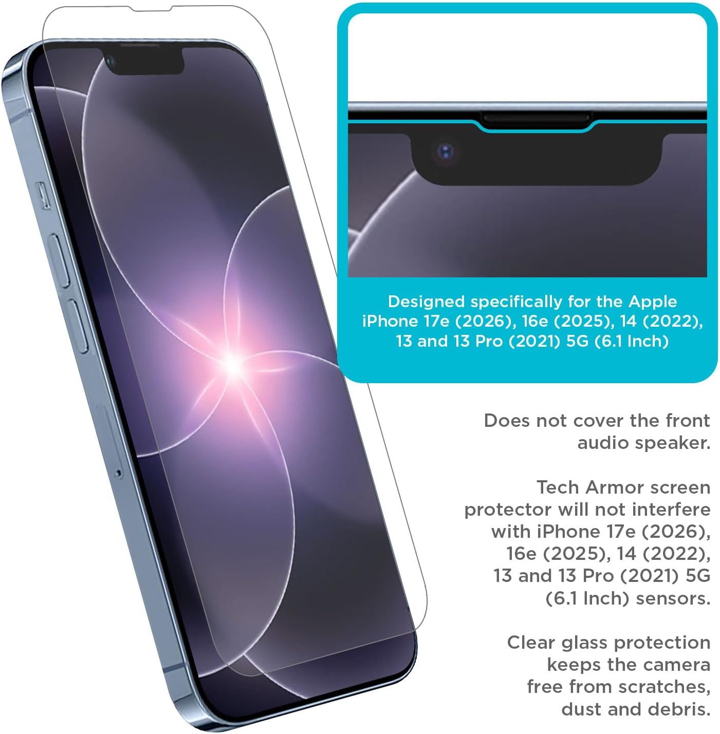 Tech Armor for Apple iPhone 17E Screen Protector,iPhone 16E, iPhone 14, 13 and 13 Pro Tempered Glass 6.1 Inch - Ballistic, Case Friendly, Easy Install, Sensor Protection, HD, 9H Hardness - 3 Pack
