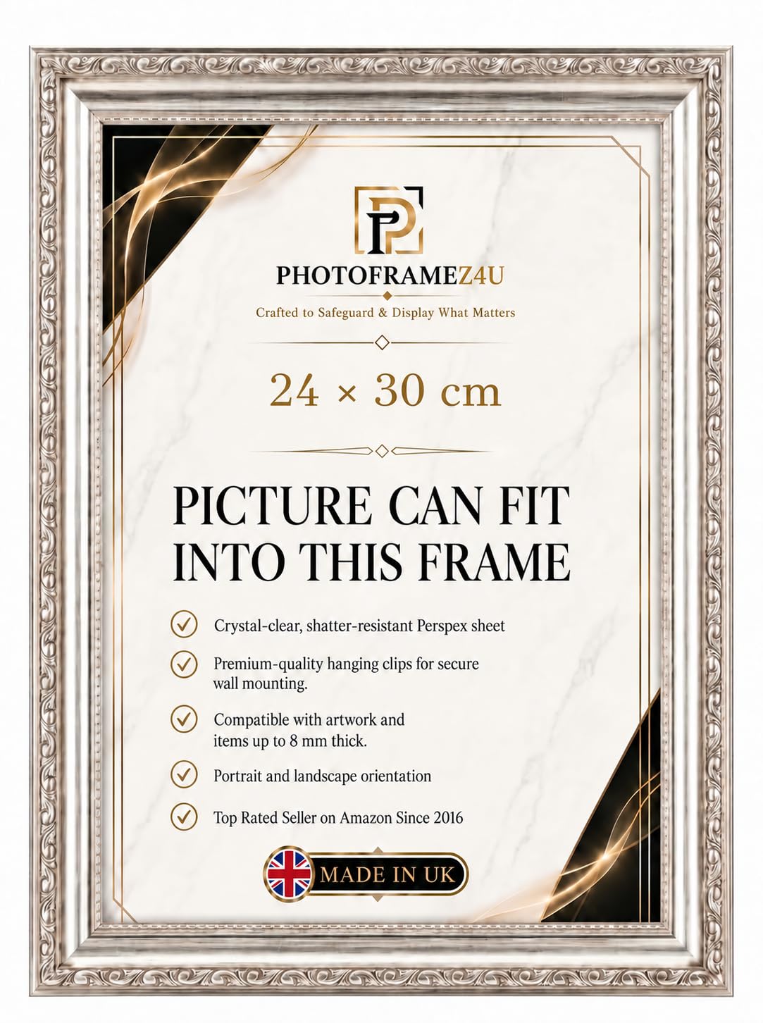 Ornate Silver picture frame for 24x30cm Picture | Photo frame for wall hanging | Perfect for Posters, Artwork and Jigsaw Puzzles. โ image 1