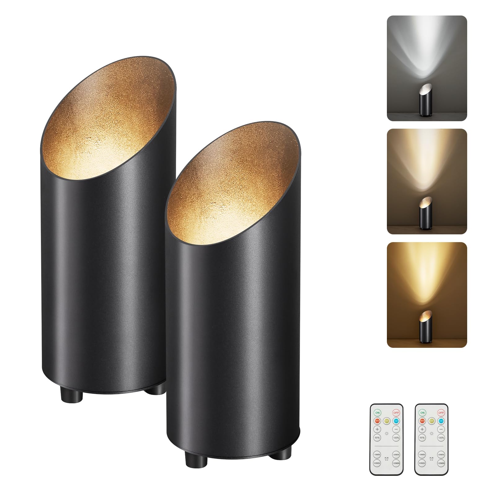 Powfloven 2 Pack Wireless Battery Operated Spotlights Indoor with Remote, Mini Black Cordless Rechargeable Floor Can Lights, Small Dimmable Timer LED Accent Uplight for Corner Home Plant Artwork