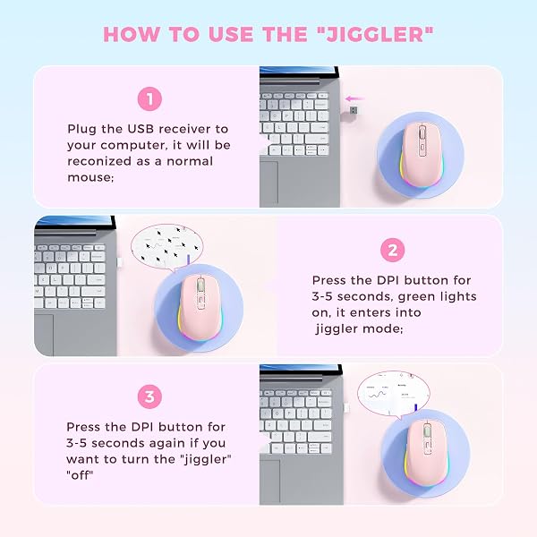 Seenda Wireless Mouse, Rechargeable Light Up LED Mouse for Laptop, 2.4G USB Silent Mice with Built in Jiggler Mover, Undetectable Simulate Mice Movement to Keep Computer Awake, Pink - 2