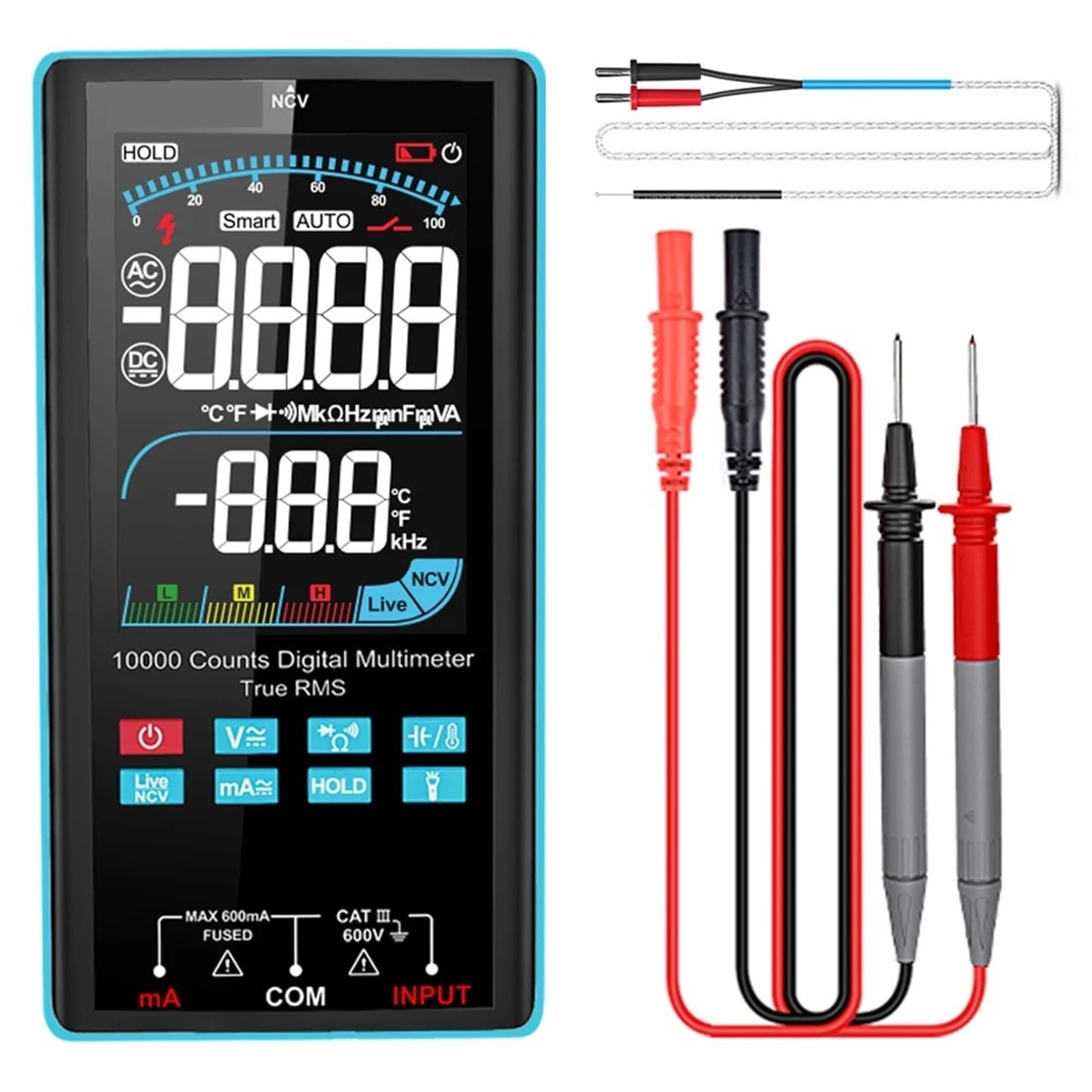 Multímetro, Multímetro digital profesional, comprobador de corriente CA/CC, medición eléctrica, 9999 cuentas, NCV, medición de temperatura, multímetro(97A)