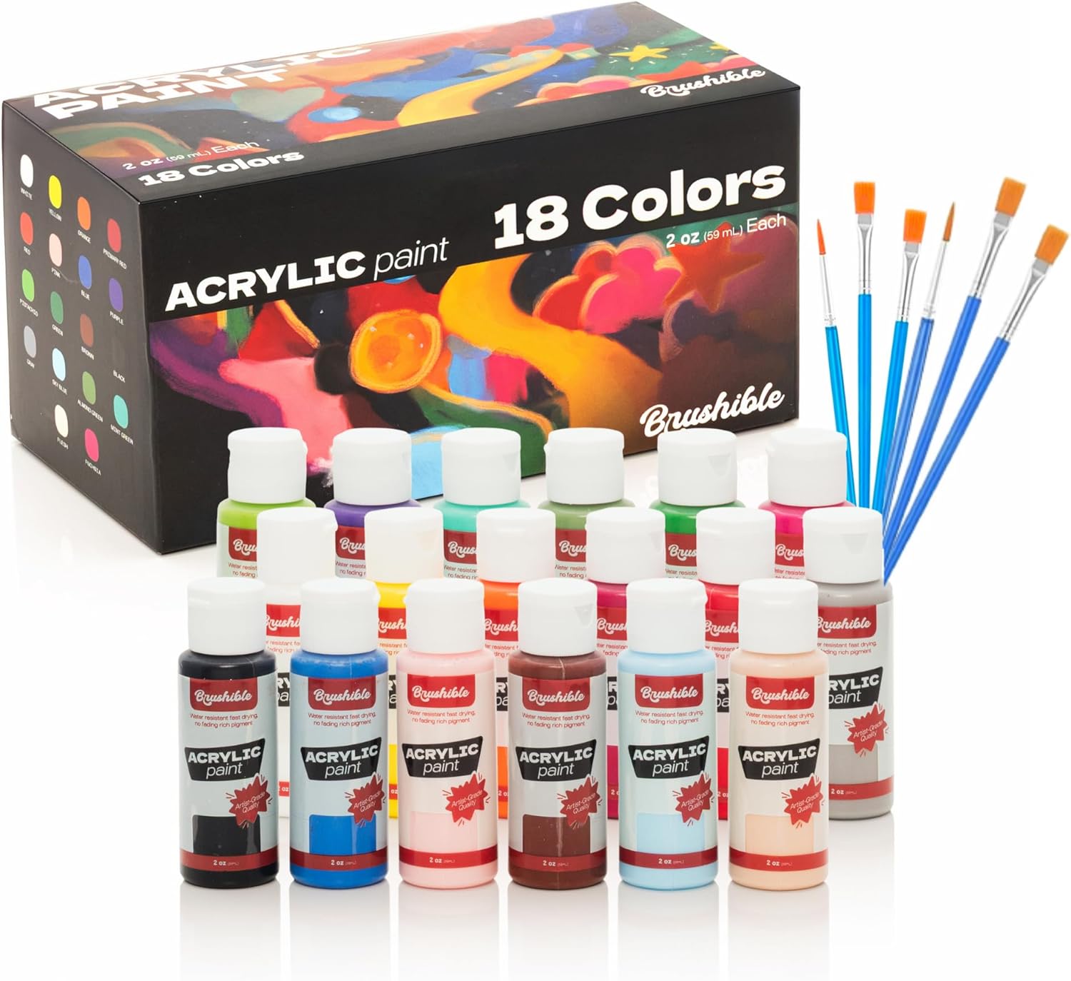 18 Colors Acrylic Paint Set, Acrylic Paint Set with 6 Brushes, 2oz/60ml Bottles, Paint for Artists, Beginners and Kids on Canvas Rocks Wood Ceramic Fabric