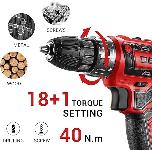 Miniatura 21 de Deko Pro - Juego de taladro inalámbrico 20 V MAX con batería de litio - Taladro eléctrico con 2 velocidades, 18+1 configuraciones de torque, Rosa