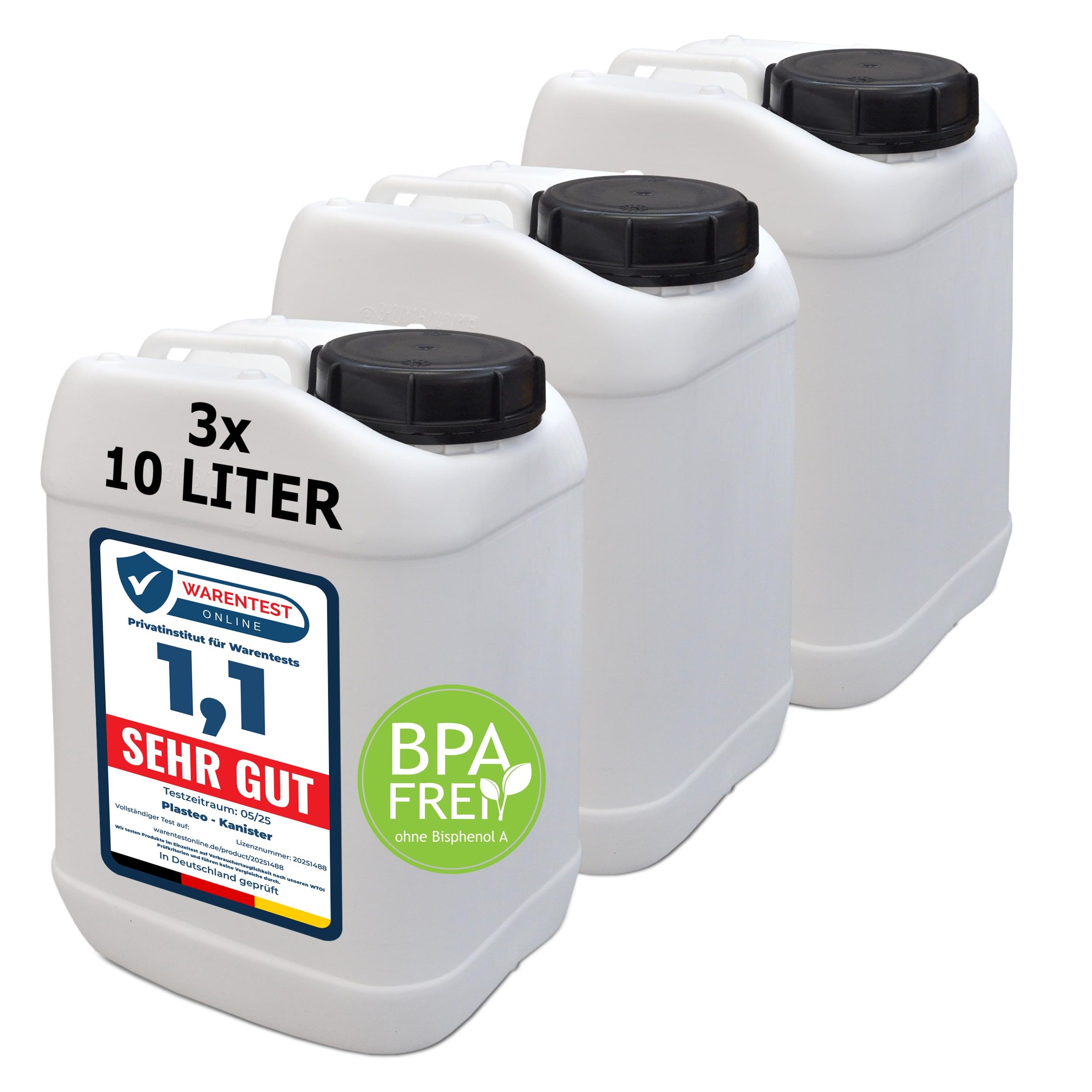 plasteo® 3 taniche da 10 litri a collo largo (chiusura 96 OV-A) | per uso alimentare | portatile e robusto | tanica per acqua da campeggio | senza BPA | Made in Germany