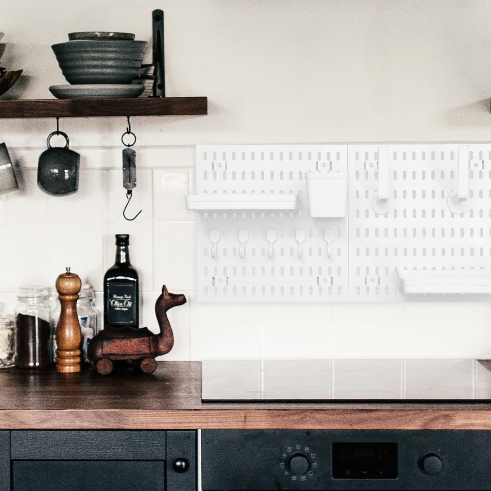 organizador de pared para cocina y baño, tablero perforado de plástico blanco, 1 juego con ganchos y estantes, instalación sin perforaciones, soporte de carga fuerte