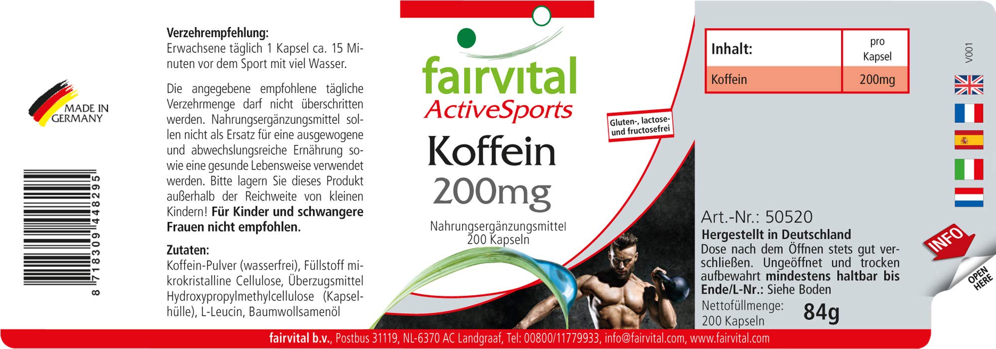 fairvital Capsule di caffeina, 200 capsule ad alto dosaggio da 200 mg ciascuna, facili da deglutire, VEGANE