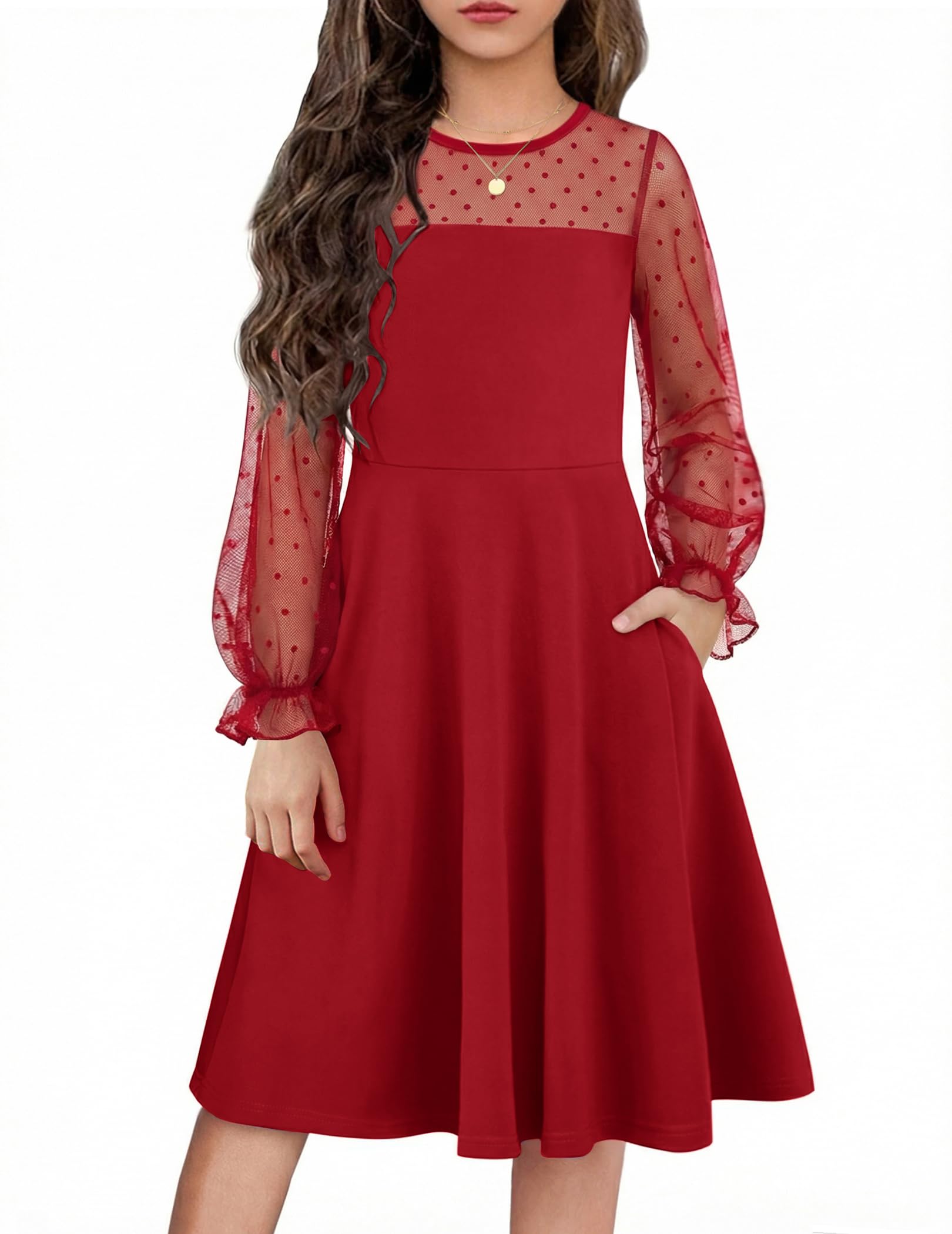 Flypigs Girl's Dress Sheer Mesh Puff Long Sleeve Party Dresses with Pockets