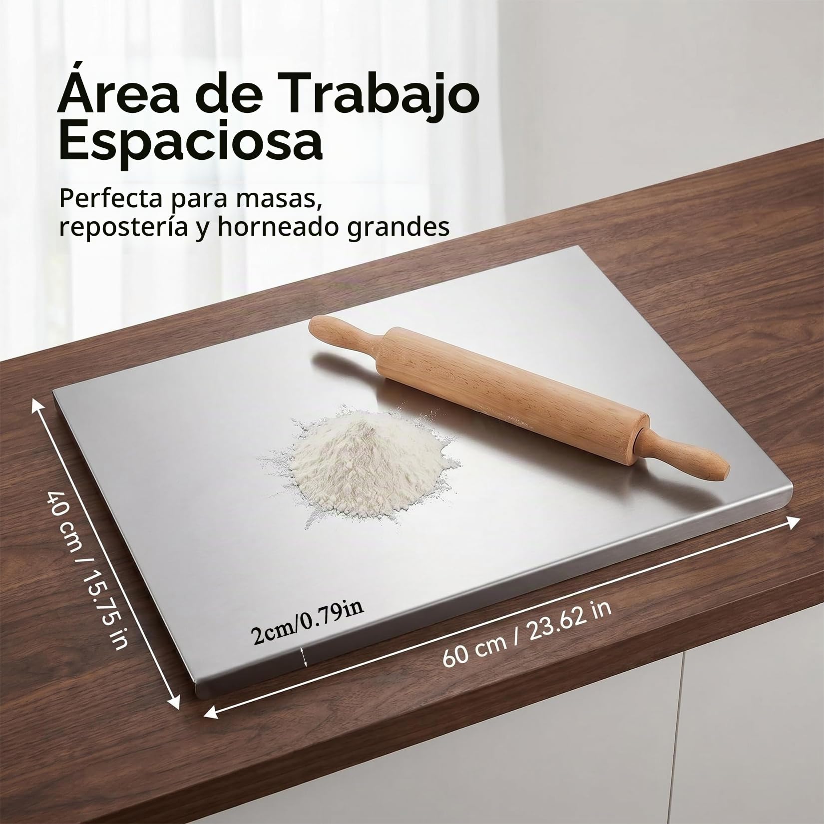 Tabla de Cortar de Acero Inoxidable 40x60 cm, Higiénica y Antibacteriana, Fácil de Limpiar, para Carne, Verduras, Frutas, Pan, Amasar y Hornear, Uso Profesional en Cocina, Bar y Restaurante