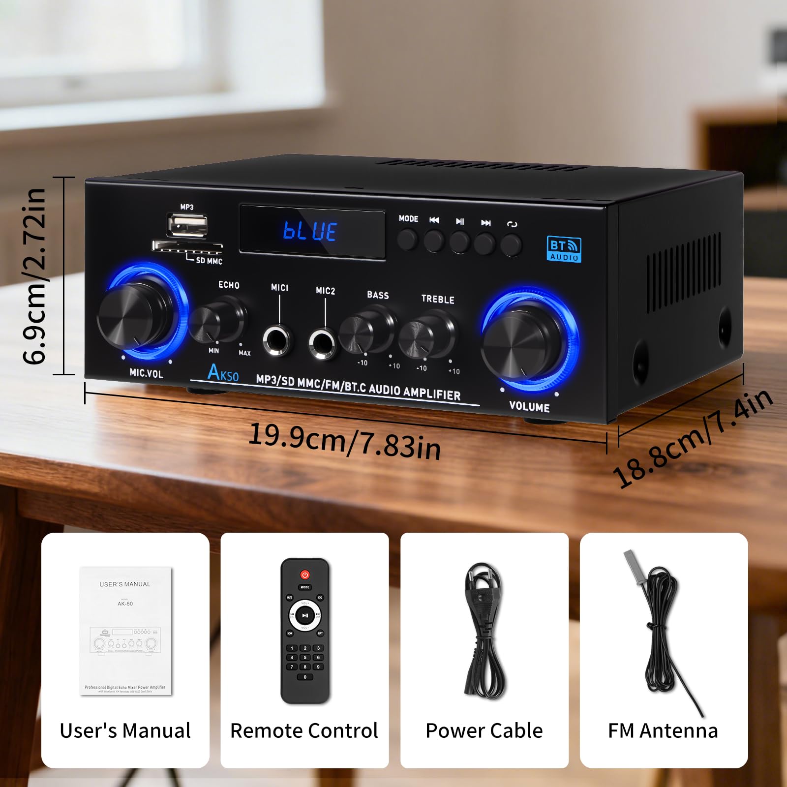 Amplificador de Audio Estéreo 2.0 Canales con Bluetooth 5.3, Radio FM y Micrófono - 1000W Pico (50W+50W RMS), Control de Graves/Agudos, Compatible con TV, Smartphone, Coche, PC y Karaoke