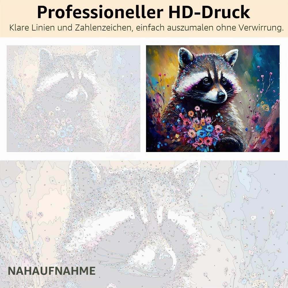 TISHIRON Malen Nach Zahlen Erwachsene mit Rahmen Tiere, Waschbär und Blume | DIY Acrylmalerei Bausätze, Entspannendes Hobby, Wanddekoration für Zu Hause, Malerei Kits Erwachsene, 40 x 50 cm