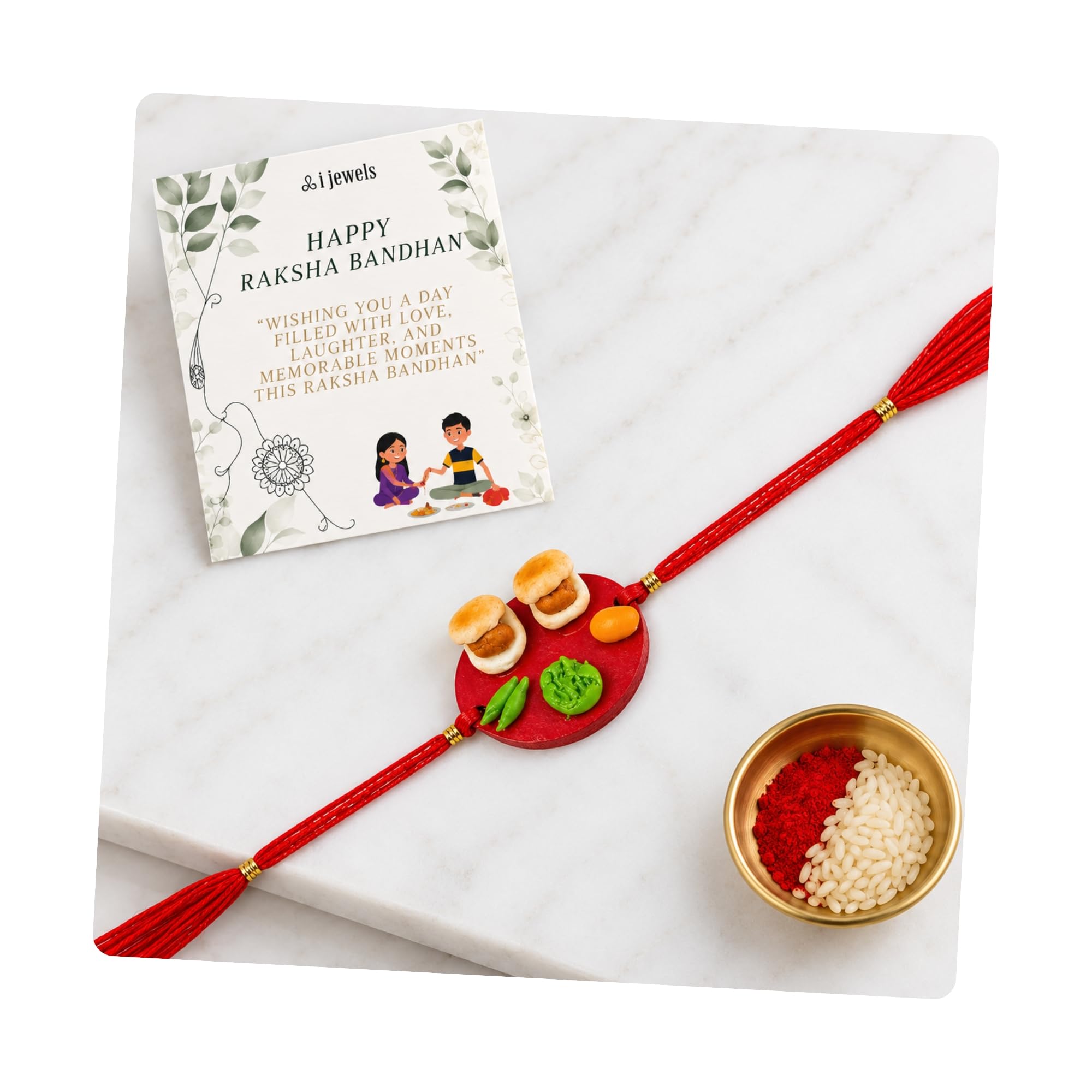 Traditional Vada Pav Designer Rakhi with Roli Chawal & Raksha Bandhan Card for Boys Brother Kids (R423)-image-33