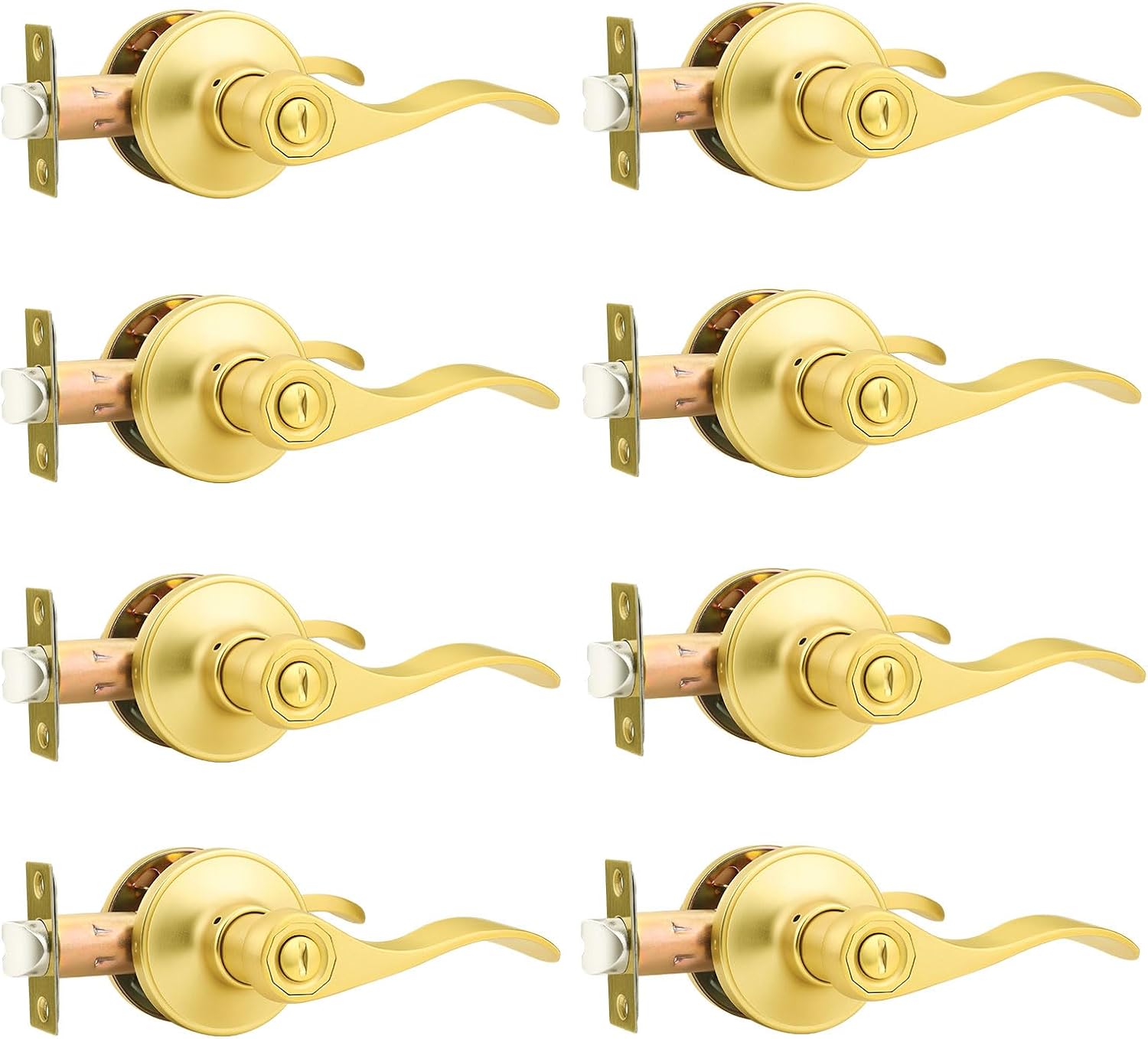 Probrico Interior Door Handles Brushed Gold Privacy Door Lever, Gold Bedroom Bathroom Door Lever Keyess, Wave Style Door Handle, 8 Pack