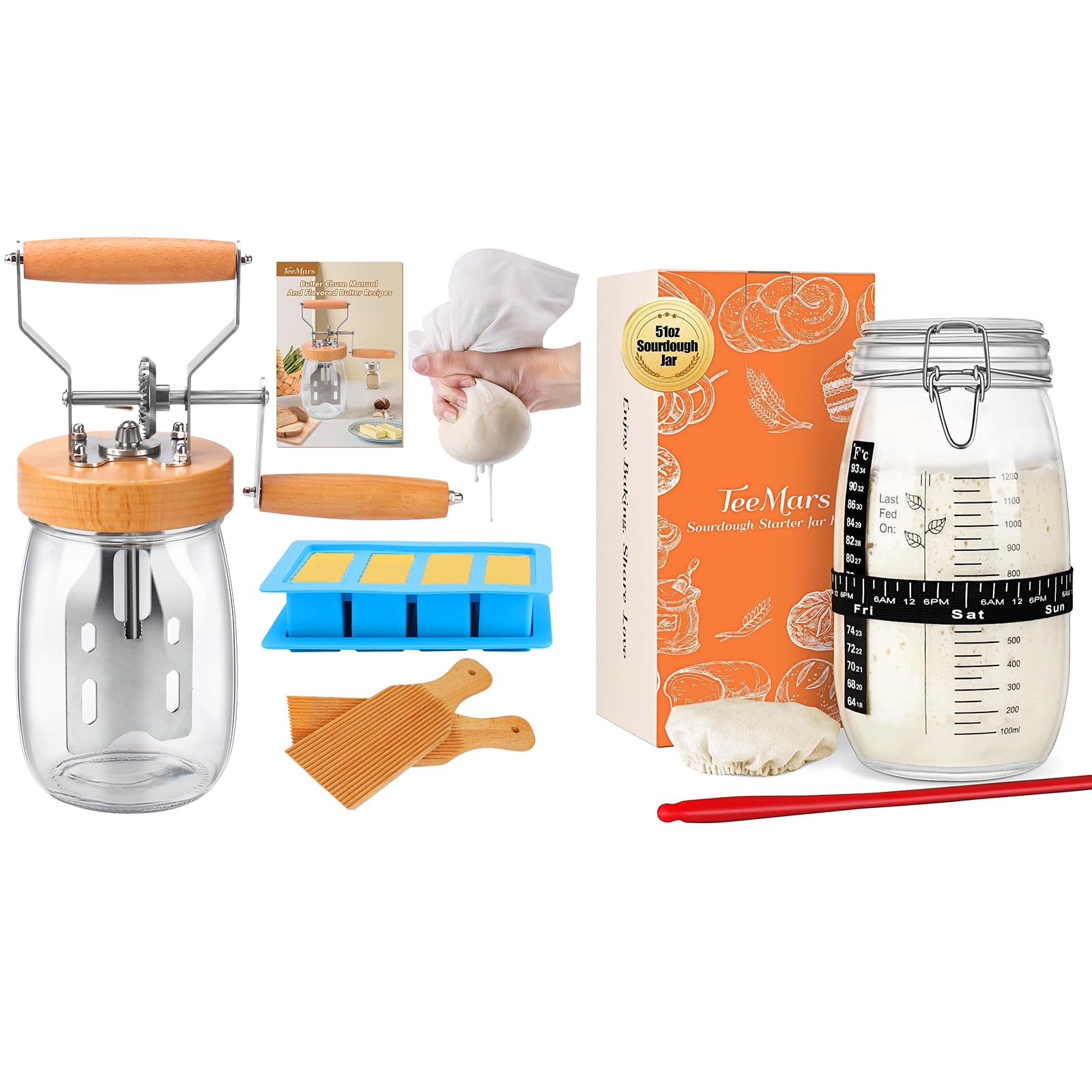 TeeMars Sourdough Starter Kit and Butter Churner 51OZ, Hand Crank Butter Churner, Vintage Glass Manual Butter Maker with 2 Butter Paddles,Silicone Butter Mold with Lid, Cheese Cloth & Butter Recipe