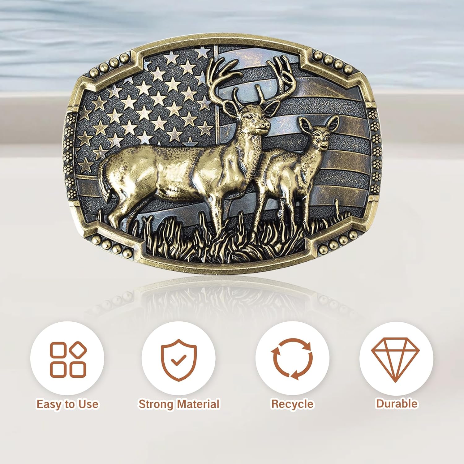 Deer Belt Buckle for Men Cool Western Men's Buckles for Belts Patriotic Elk Deer Head Belt Buckle Cowboy Belt Buckles, Norse Viking Deer Buckle for Men's Belts (Gold) - Image 2