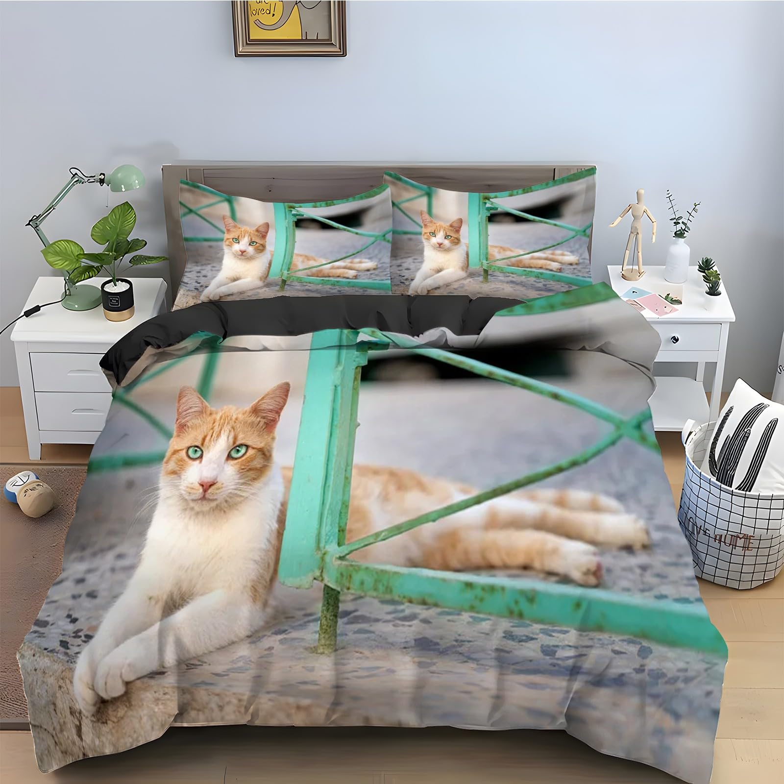 Housse de couette chat 90x190 anti-froissement : literie douce et facile à laver