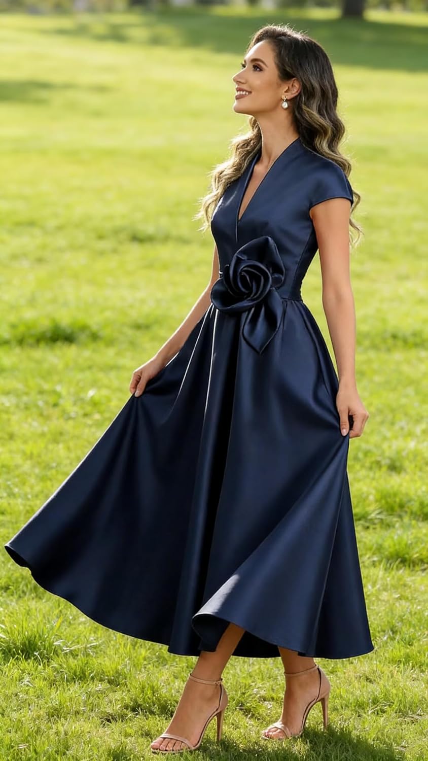 Tea Length Mother of The Bride Dresses for Wedding 3D Flower Satin Formal Dress for Women 2026