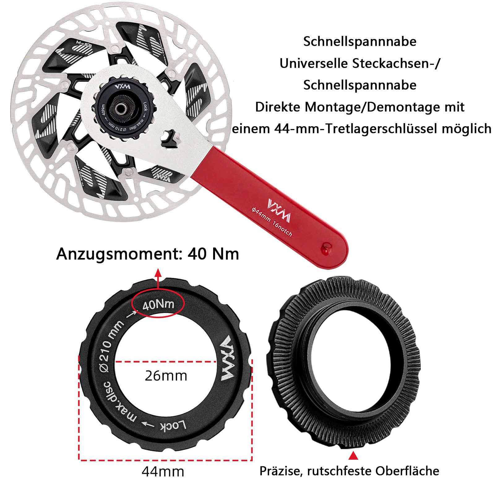 2 pezzi Anello di bloccaggio Centerlock per disco freno, anello di bloccaggio per disco freno da bicicletta, coppia di serraggio 40Nm, 44x26x8mm, compatibile con asse a innesto da 15/20mm, lega di
