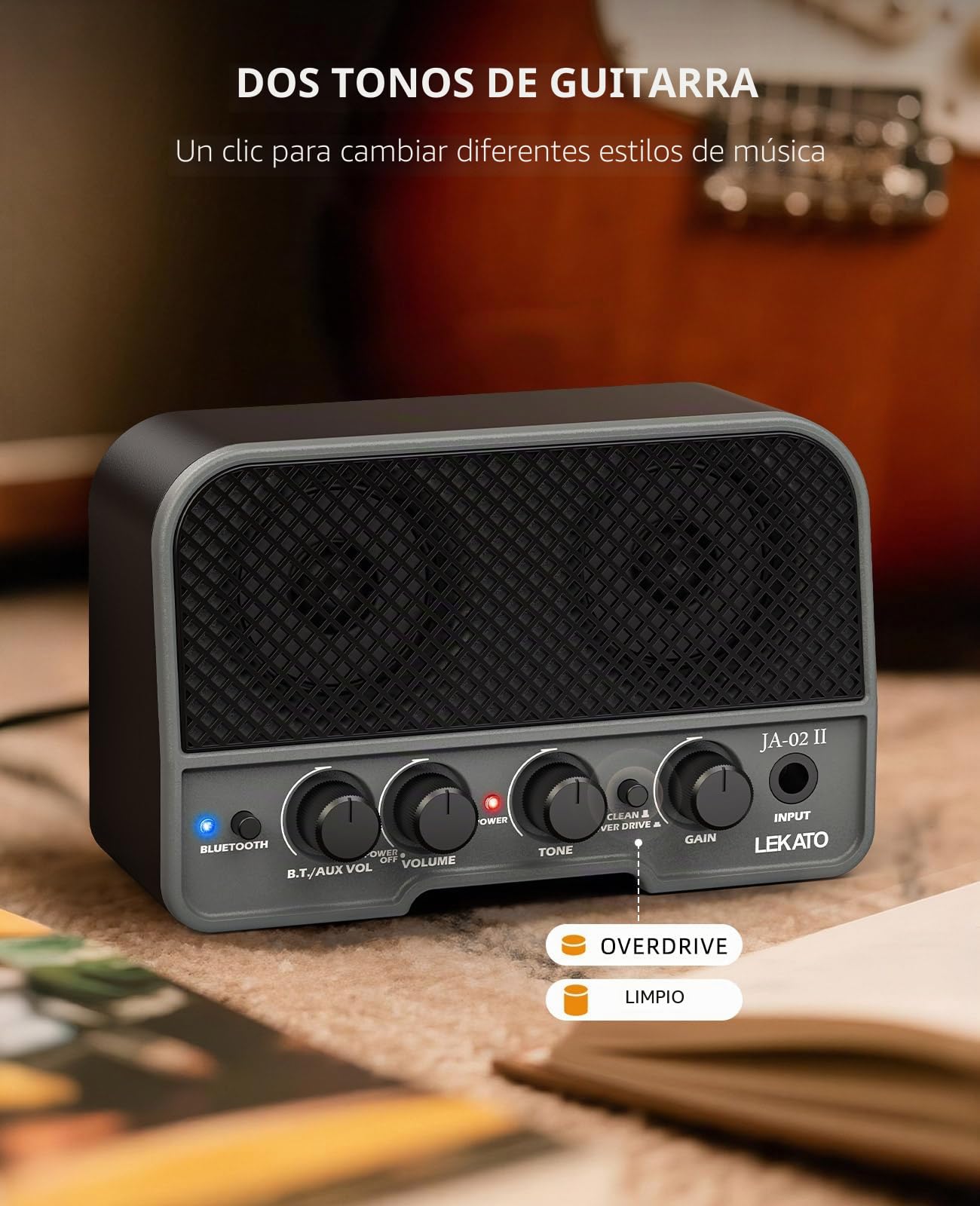 LEKATO Mini Amplificador de Guitarra, Amplificador Recargable inalámbrico de 5 W con Efectos Clean/OVERDRIVER, Amplificador portátil Bluetooth 5.0 Ideal para Practicar/auditar en casa (Negro)