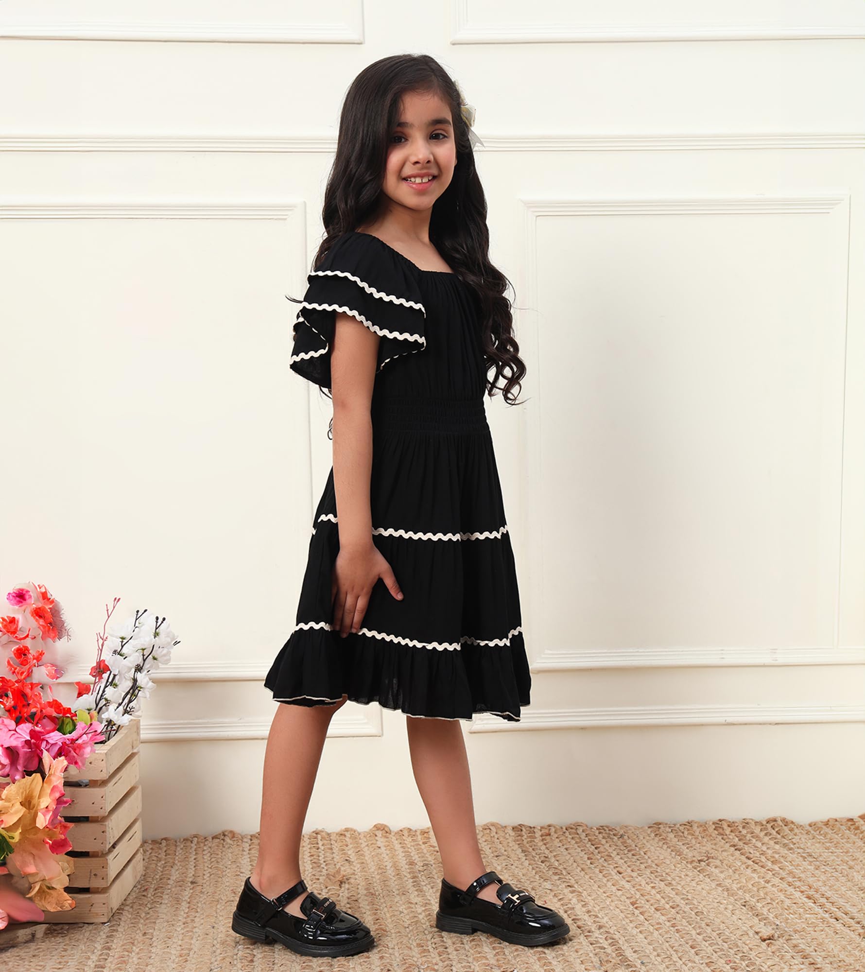 Bugandbees Solid Cotton Tiered Fit & Flare Dress for Girls|Square Neck Cap Sleeves Midi Length Dress for 3 Years to 13 Years Kids|Party Casual Wear Western Collection (BBDR00000124_12-13Y_Black) 4