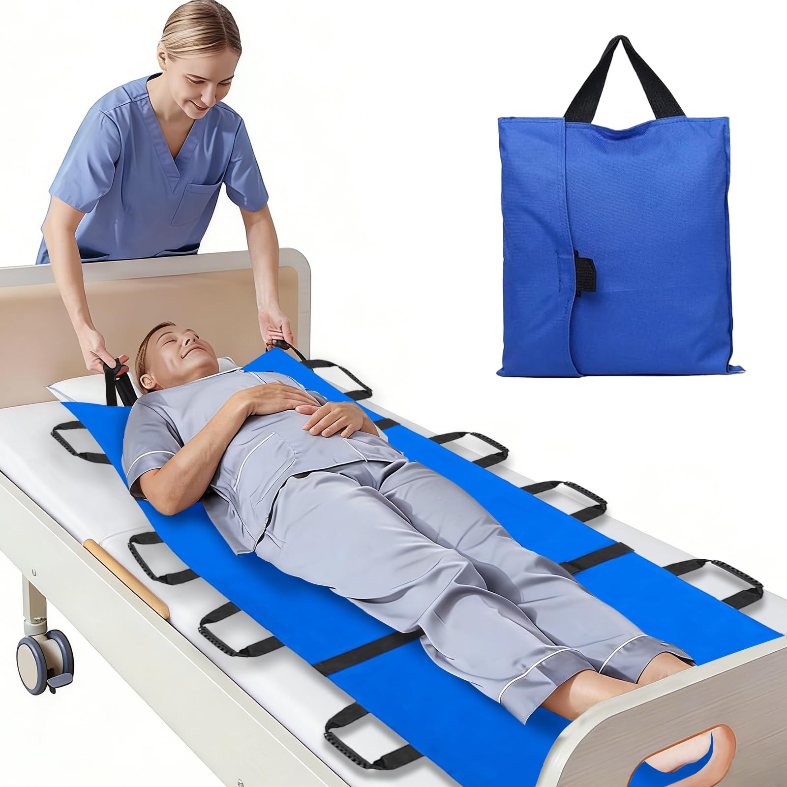 Barella portatile per il trasporto con 12 maniglie, 177,8 x 69,8 cm, cuscino di posizionamento per anziani, lavabile, riutilizzabile, facile da sollevare e da trasportare, per badante, aiuto familiare