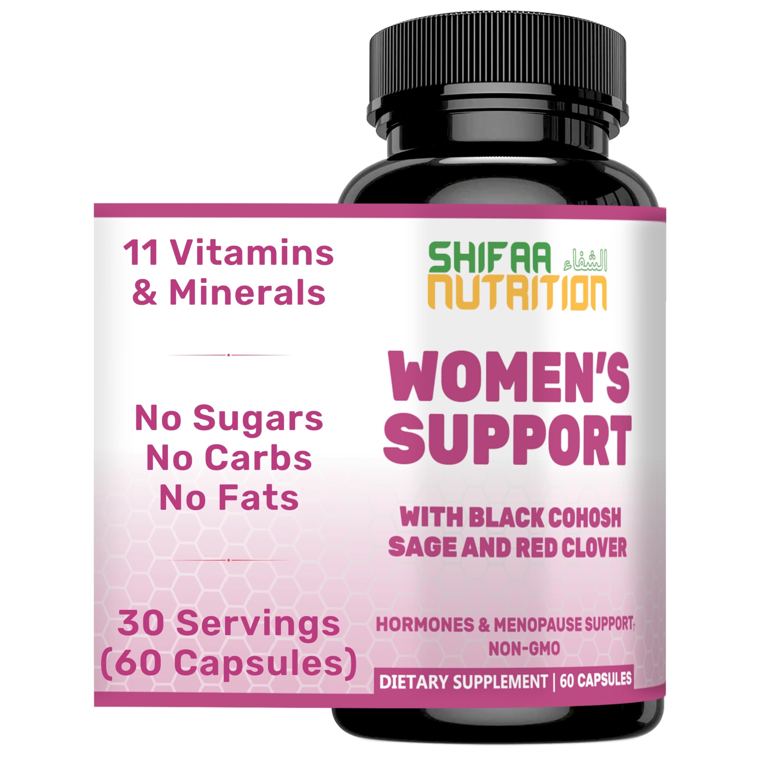 SHIFAA NUTRITION Hormones Balance & Menopause Supplements for Women, Menopause Relief - Support for Hot Flashes, Mood Swings w/Black Cohosh & Red