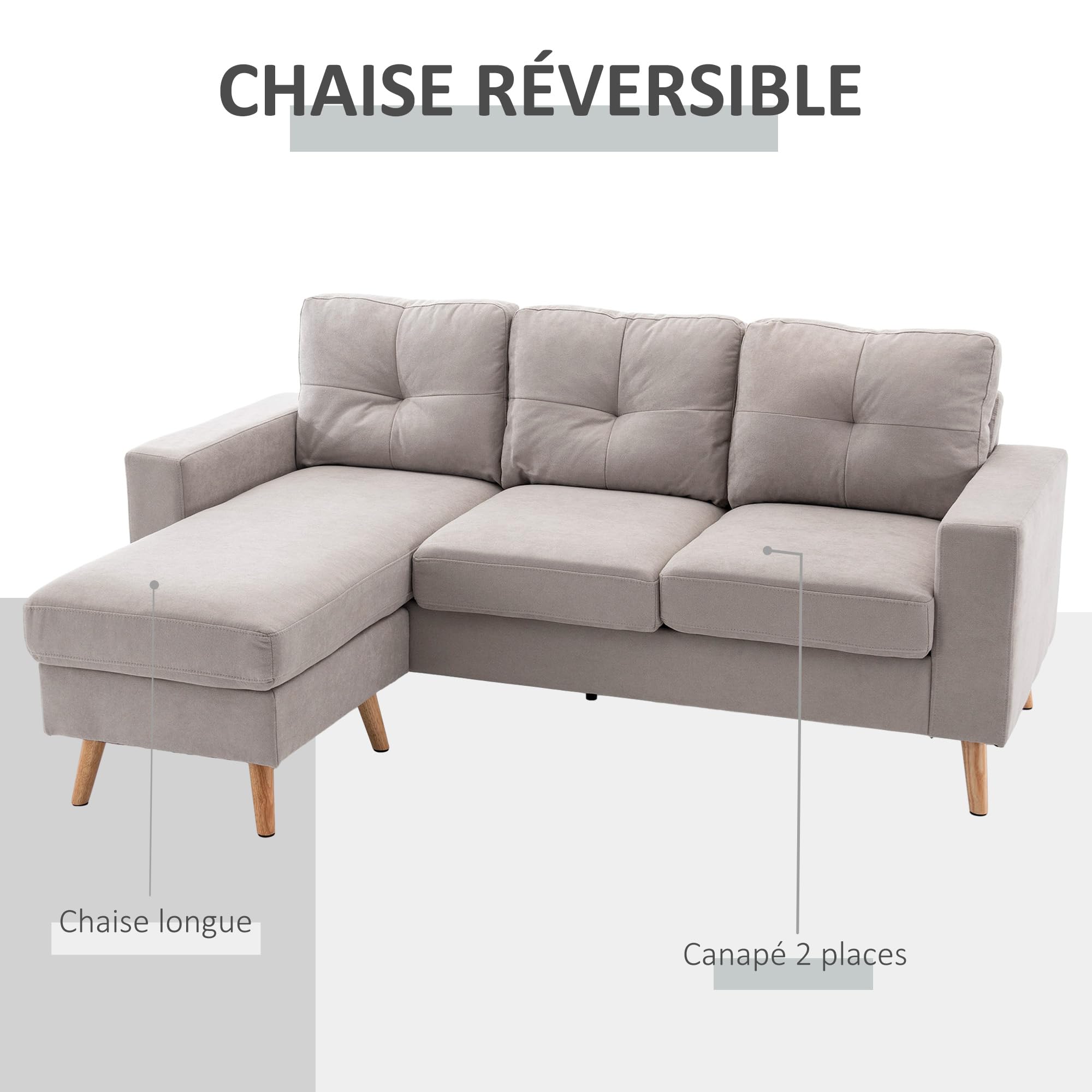 HOMCOM Canapé d'angle en Tissu de Lin, canapé 3 Places, Chaise Longue Reversible Gauche ou Droite, 193 cm, Design scandinave, pour Salon, Appartement, Petit Espace, Pieds en Bois Massif, Gris Clair