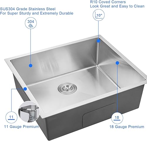 Miniatura 4 de MENATT Fregadero de cocina de montaje inferior de 25 pulgadas, fregadero de cocina de acero inoxidable 304 hecho a mano de 25 x 22 pulgadas,