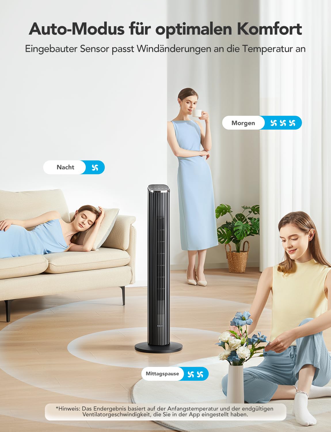GoveeLife Intelligente leiser Turmventilator, 75° Oszillierende Ventilatoren mit App- und Sprachfernbedienung, 6.3m/s Geschwindigkeit 8 Geschwindigstufen 5 Modi 24 Std-Timer, mit Kühlung