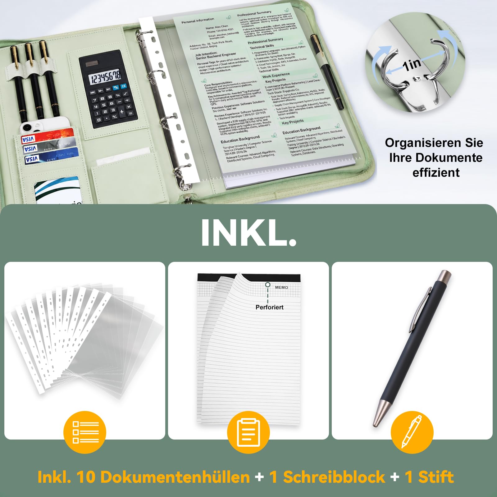 Leathario Konferenzmappe a4 mit Reißverschluss,Schreibmappe a4 mit 10 Dokumentenhüllen,Business Arbeitsmappe mit 4 Ringbuch，Veganes Leder Mappe für Meetings,Behördengänge,Studium,Bewerbungsgespräche
