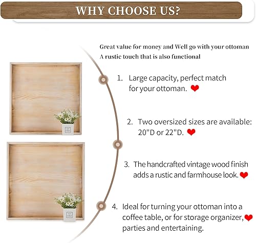 Miniatura 7 de Hanobe Bandeja otomana cuadrada grande bandeja extra grande para servir con asas, bandejas decorativas de madera rústica, mesa auxiliar, decoración