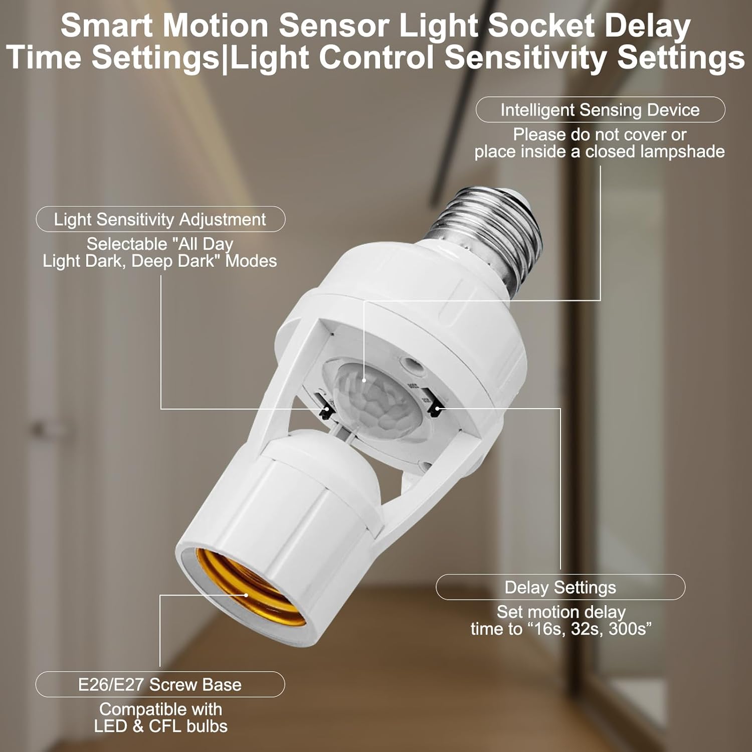 Motion Sensor Light Socket – E26/E27 Light Sensor Sockets Adapter with Automatic Dusk-to-Dawn Motion-Activated Lighting, Auto On/Off Smart Socket for Porch Storage Room Garage