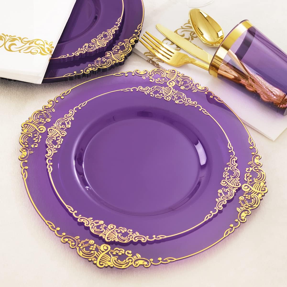 Nervure 175PCS Clear Purple Gold Plastic Plates and Blue Gold Plastic Plates for 25 Guests Include 25Dinner & 25Dessert Plates, 25Cups, 25Forks, 25Knives, 25Spoons, 25Napkins for Wedding&Party
