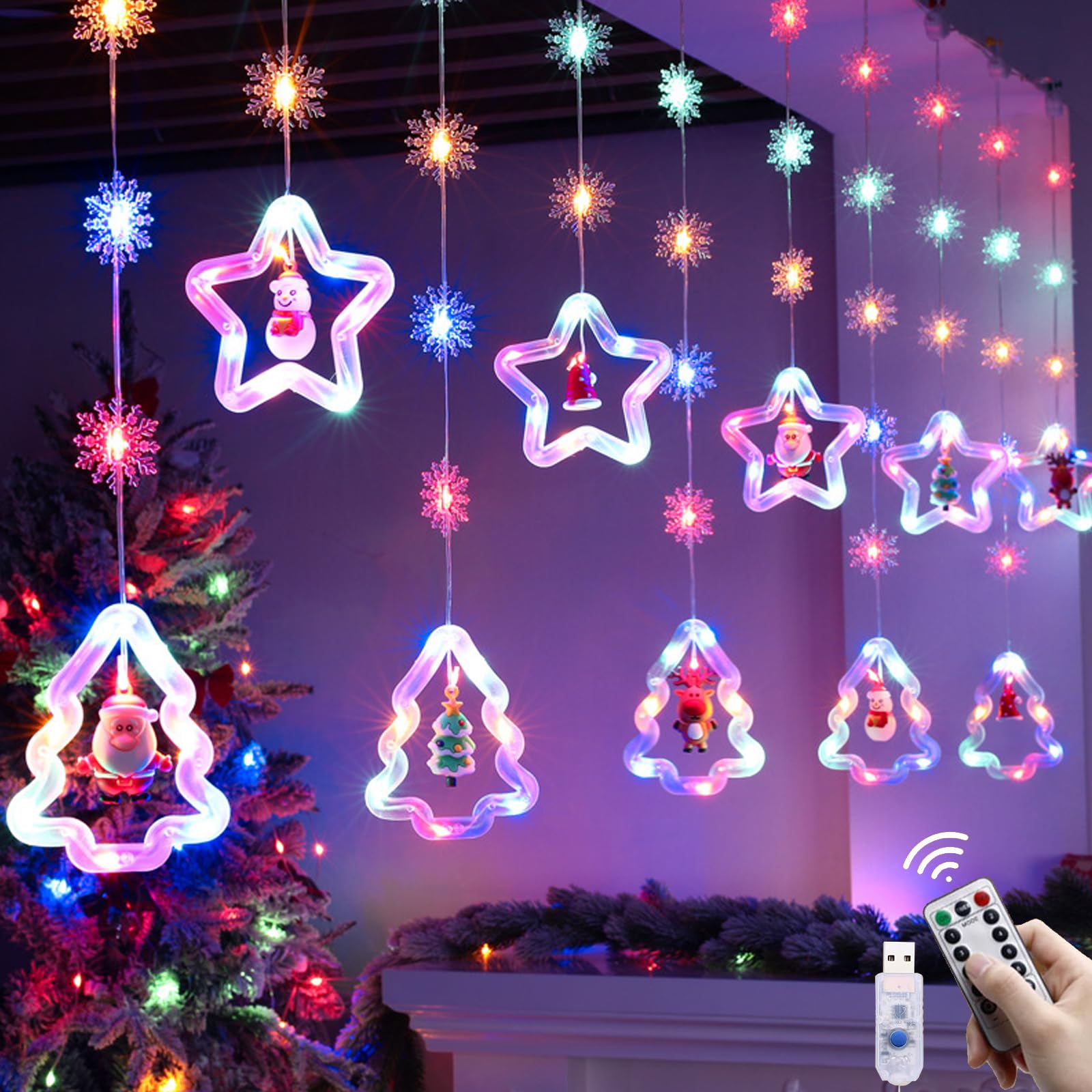 HUIKUANGEU Guirnaldas Cortina Luces,Cortina de Luces con Estrella,Cortina Luces Navidad,Cortina Luces Navidad,Adornos Navideños,Guirnalda Luces de Navidad Decorativas,Leds Guirnaldas Cortina Luces