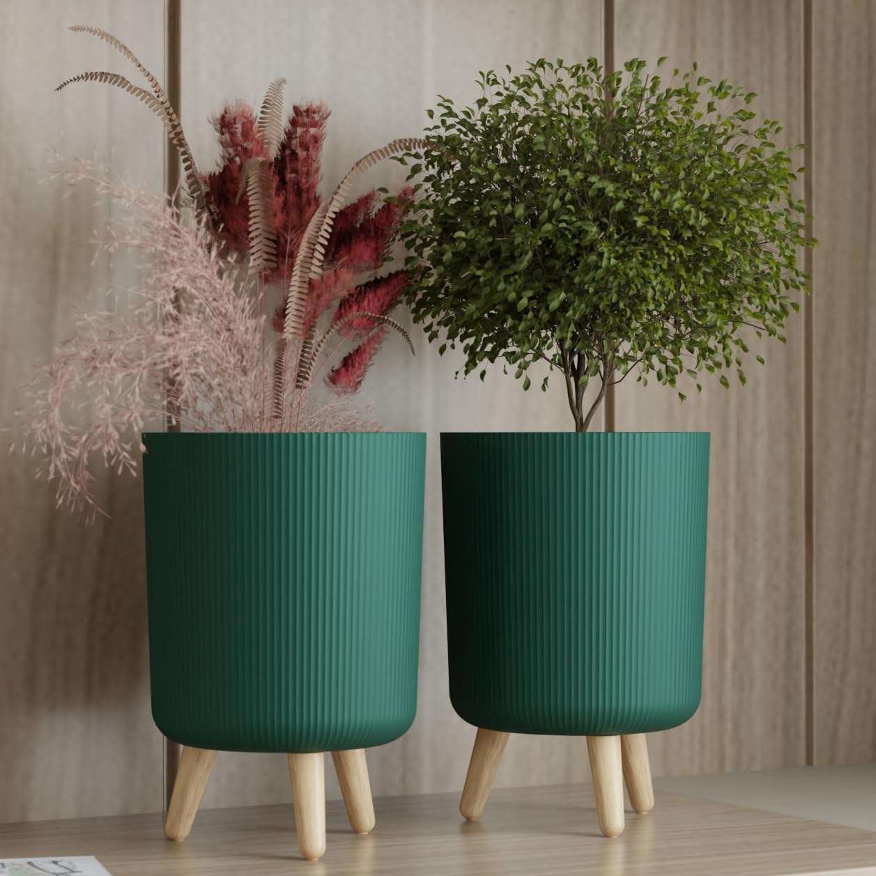 Leawall Modern White Flower Pot with Stand | Large Indoor Outdoor Planter for Home Garden Balcony Living Room | Italian Ribbed Design Tall Decorative Plastic Plant Pots with Legs (1, White) (Green, 1)-image-8