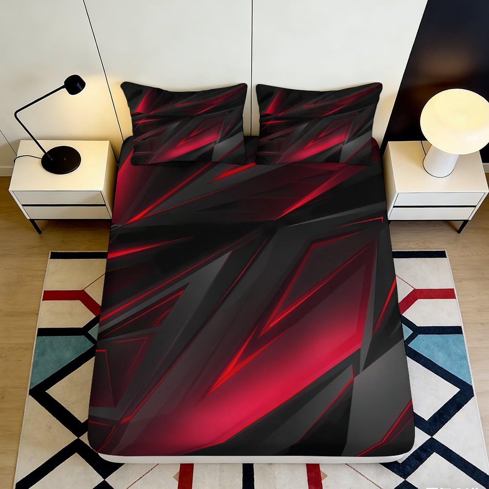 3D Printed Red Black Geometric Fitted Sheet Microfiber Deep Pocket Non-Slip Bedroom Bedding Red Black Mattress Fitted Cover Washable 119 chars 200x200x25cm